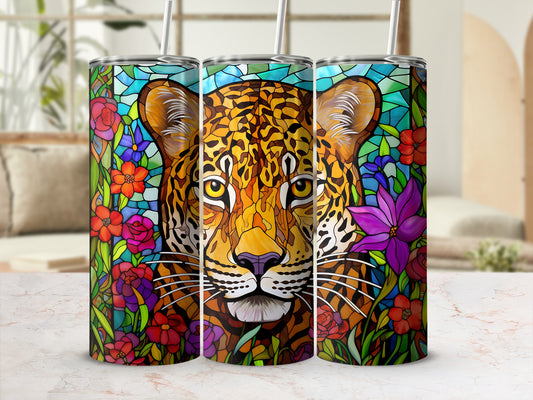 Triptych tumbler with leopard and floral stained glass design.