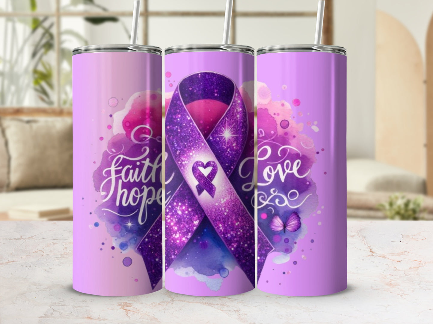 Faith Hope Love Inspirational Purple Ribbon Tumbler