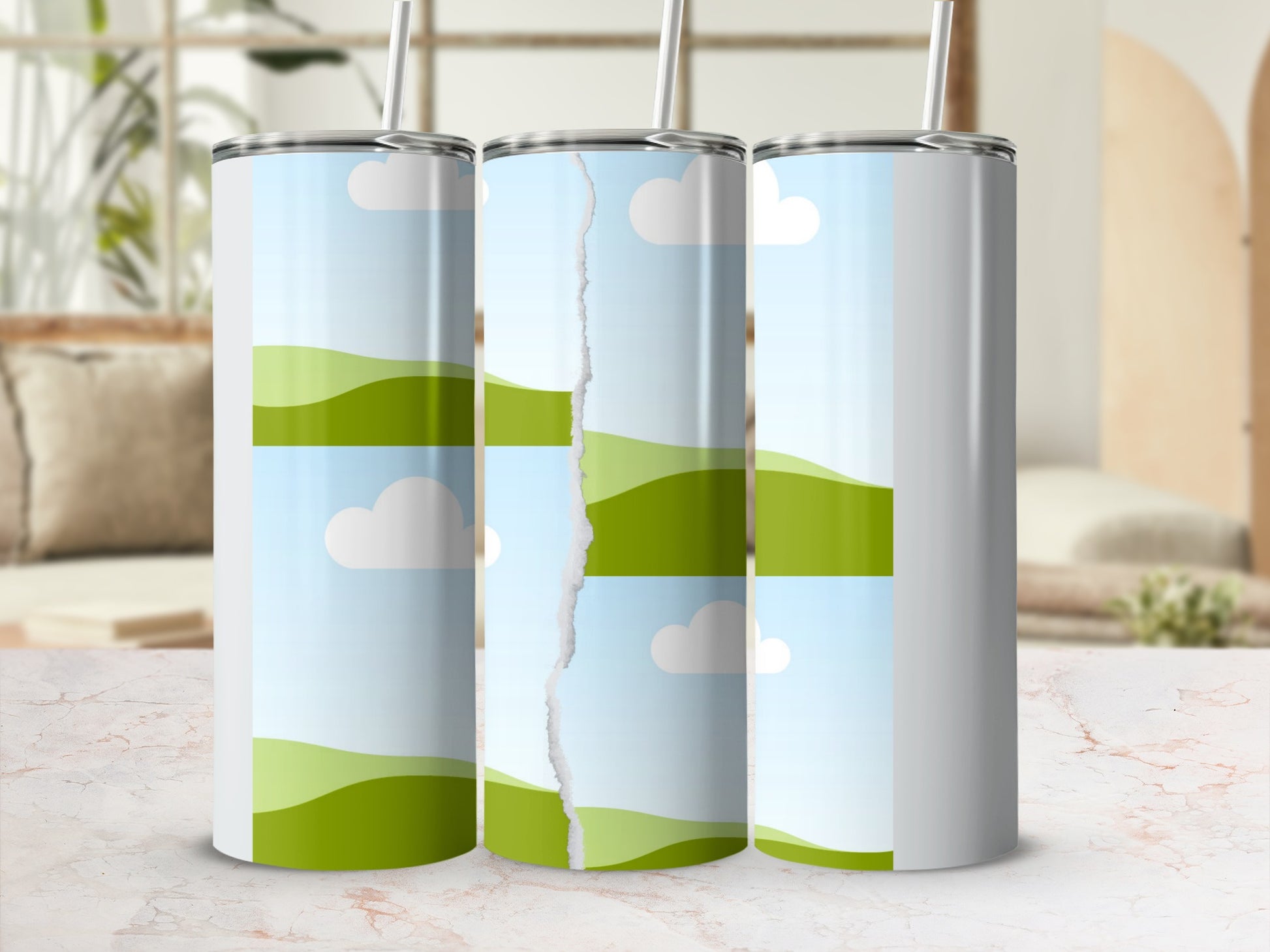 Three tumblers with a ripped paper effect showcasing a landscape design.