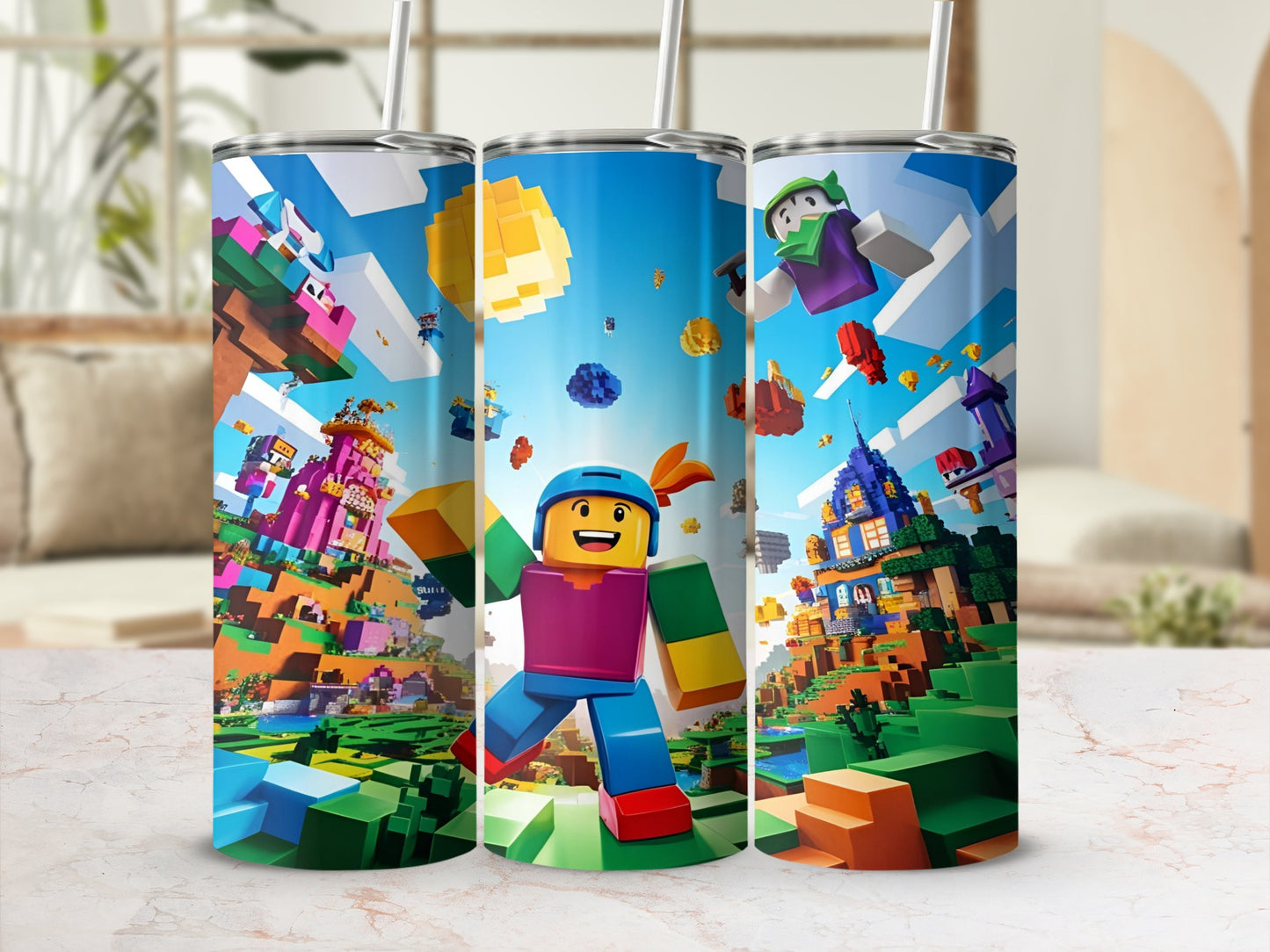 Three tumblers with vibrant pixelated characters and blocky landscapes.