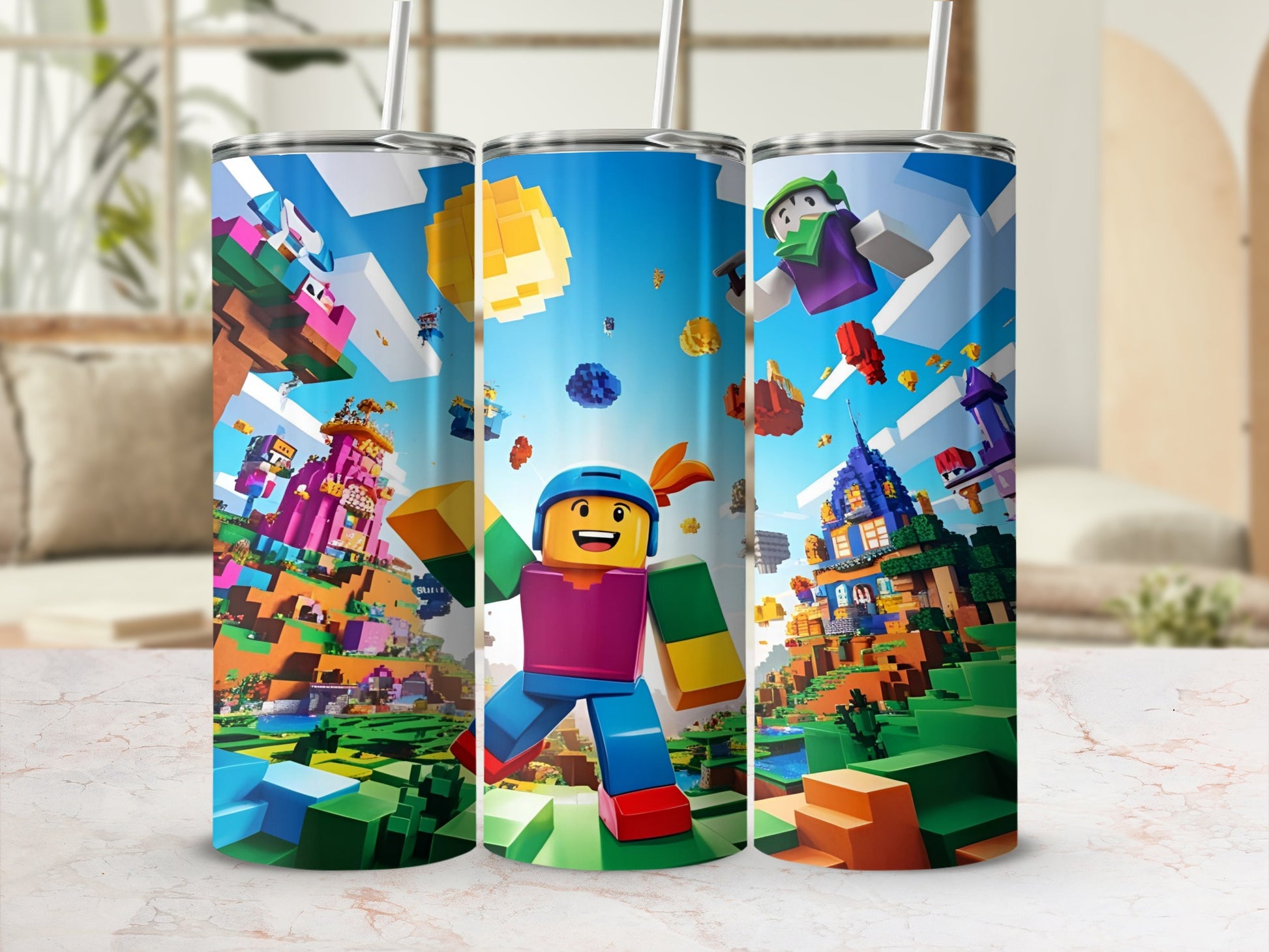 Three tumblers with vibrant pixelated characters and blocky landscapes.