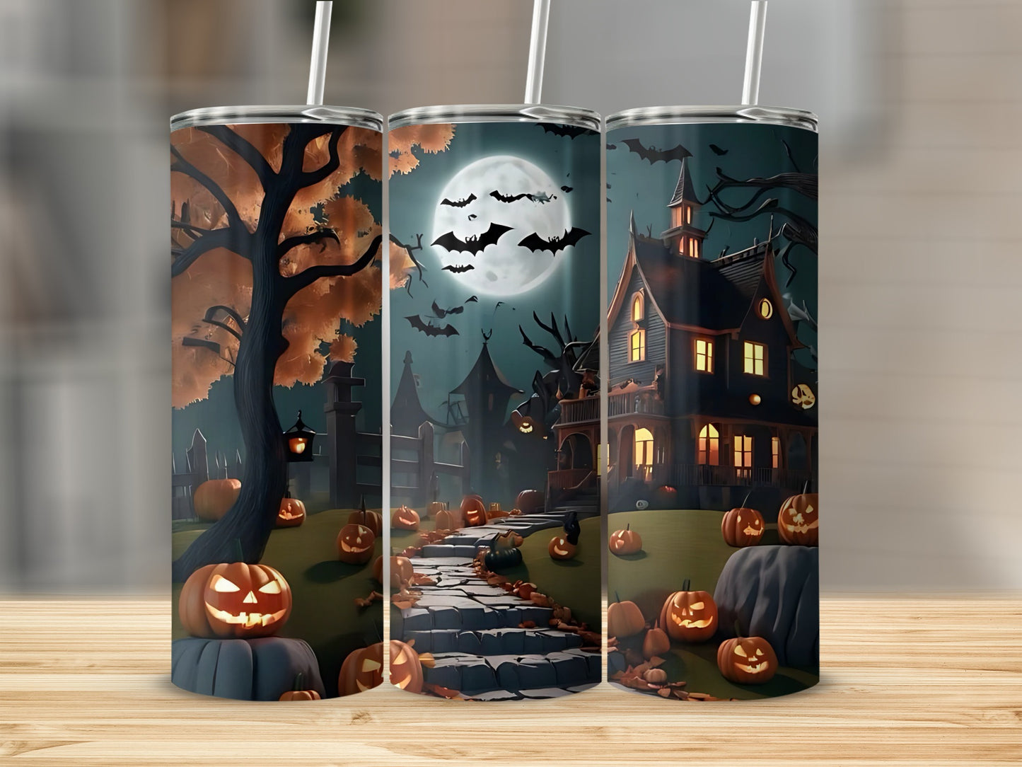 Three tumblers display a spooky Halloween scene with a haunted house, jack-o'-lanterns, and bats.