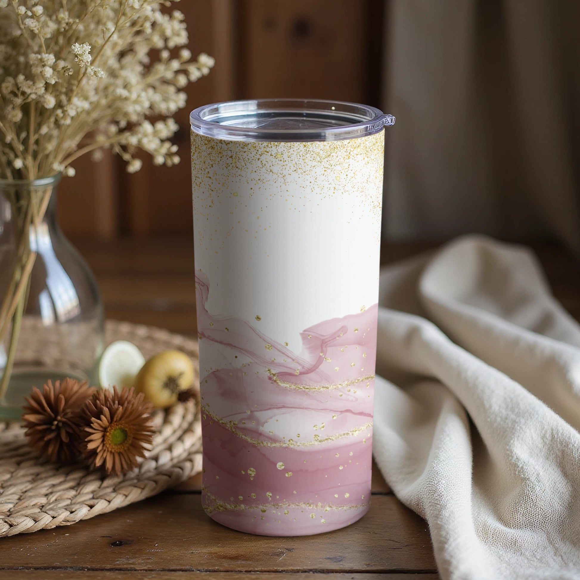 Elegant Pink and White Tumbler with Gold Accents product