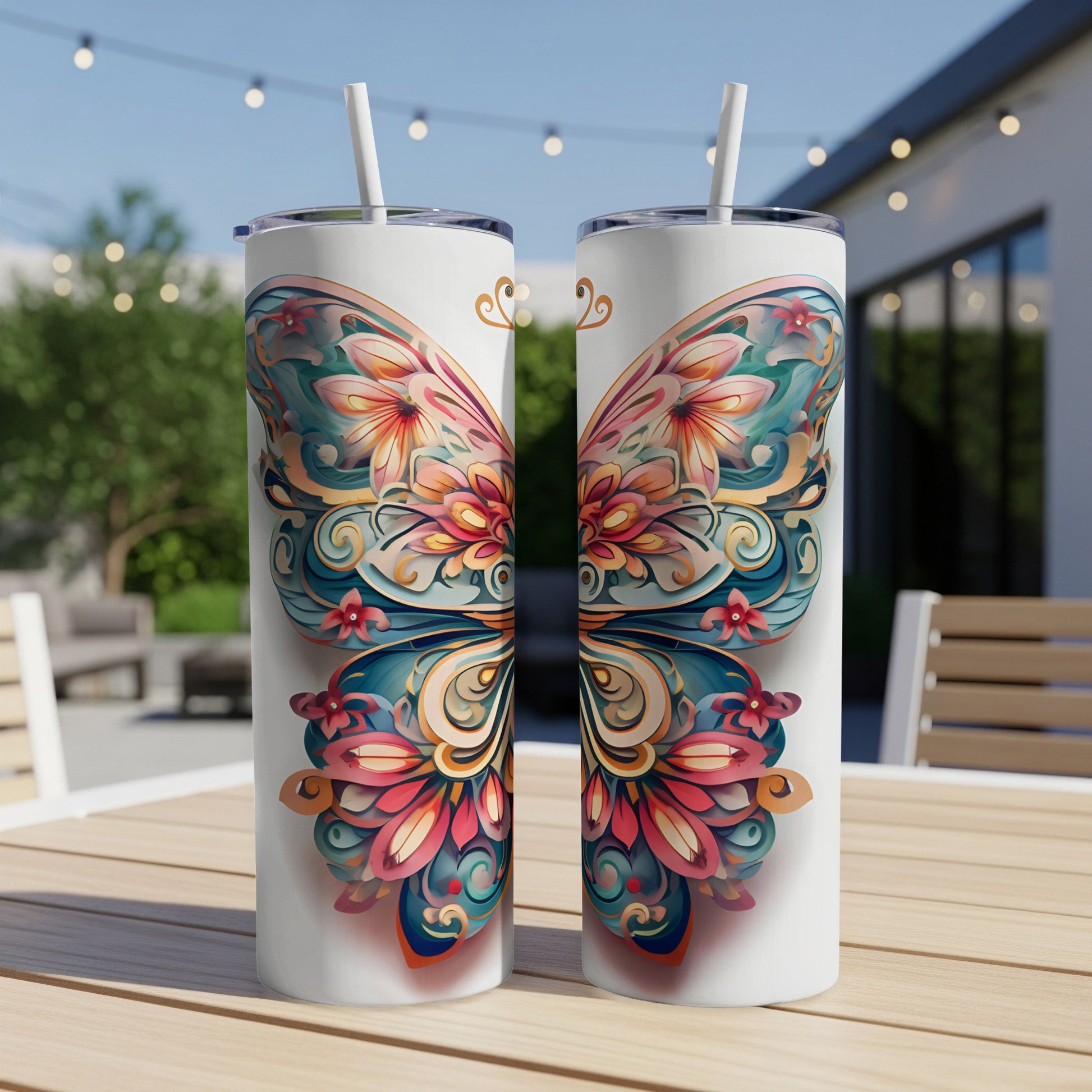 Tall white tumblers with colorful butterfly wing design.