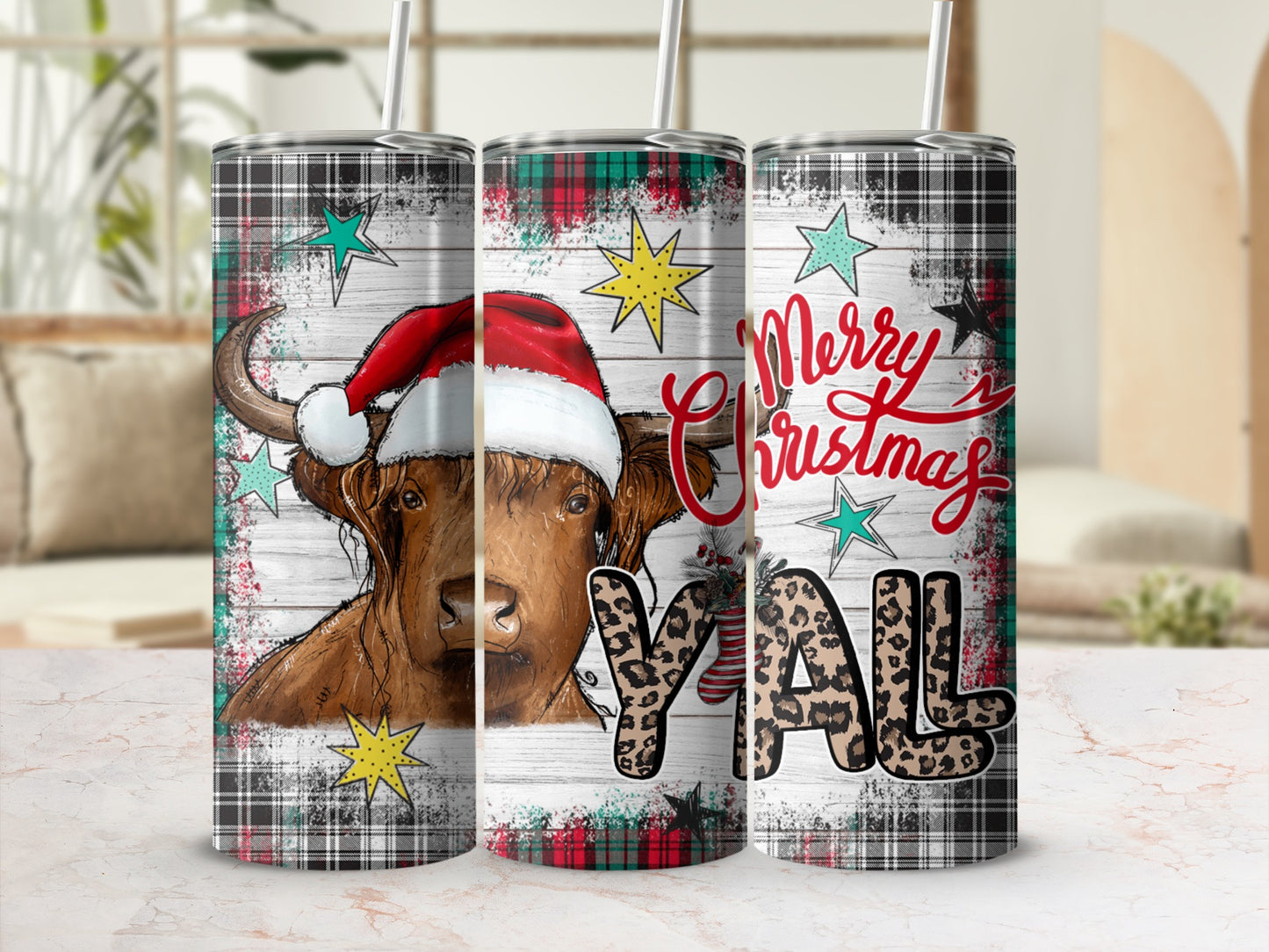Highland cow in Santa hat with "Merry Christmas Y'all" text on plaid background.