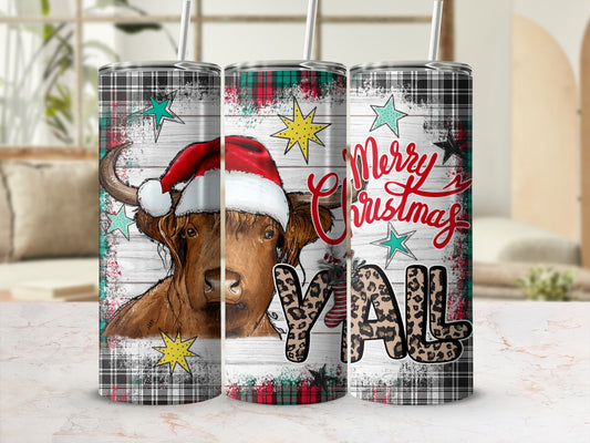 Highland cow in Santa hat with "Merry Christmas Y'all" text on plaid background.