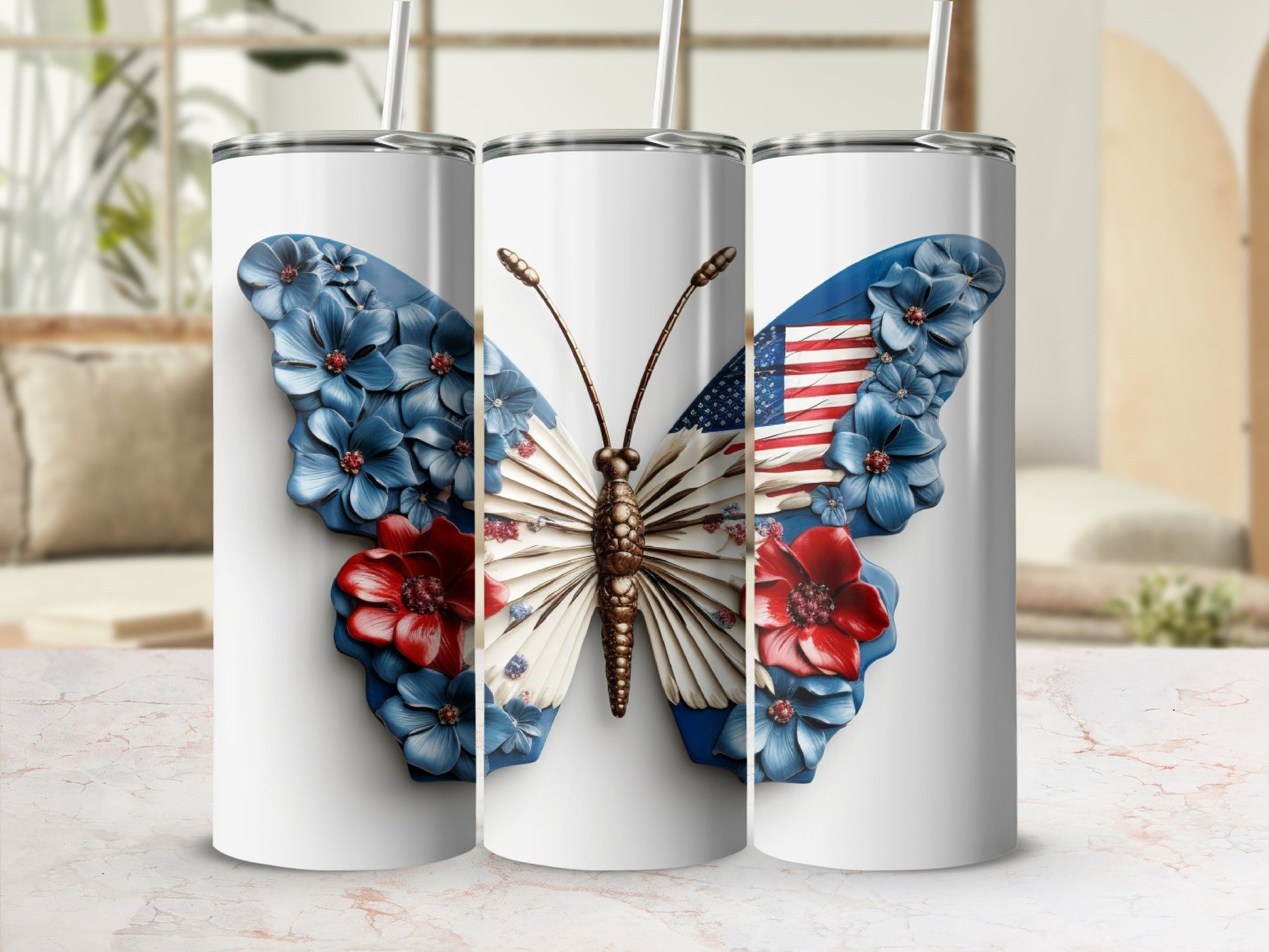 White tumbler with a US flag butterfly design.