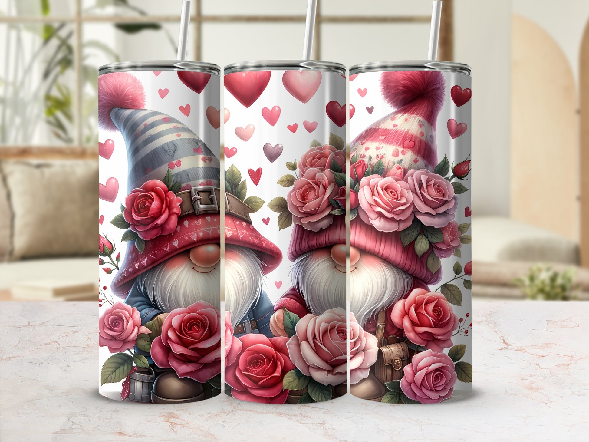Two Valentine gnomes with hearts and roses on tumblers.