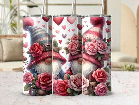 Two Valentine gnomes with hearts and roses on tumblers.