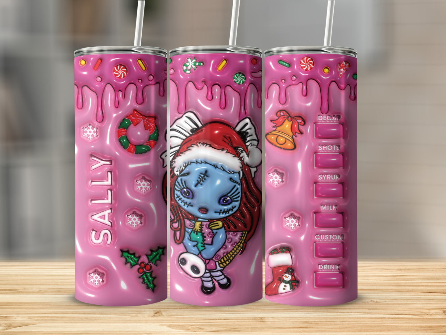 Festive Sally Christmas Theme Tumbler with Straw