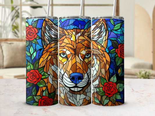 Stained glass wolf head with red roses and blue background on tumblers.