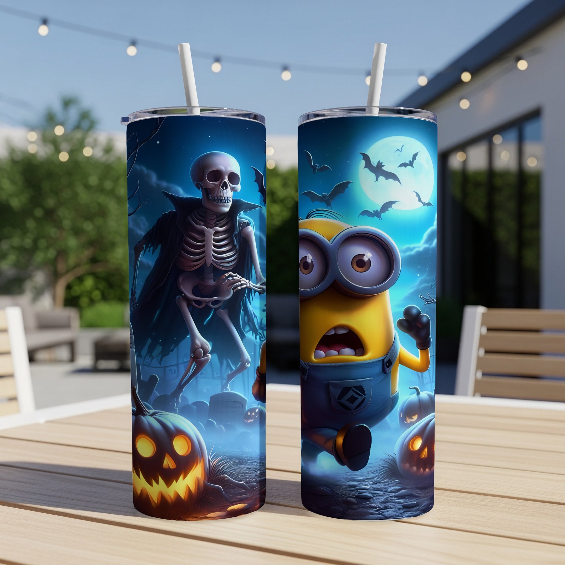 Two tumblers featuring a skeleton and a Minion in a spooky Halloween scene.