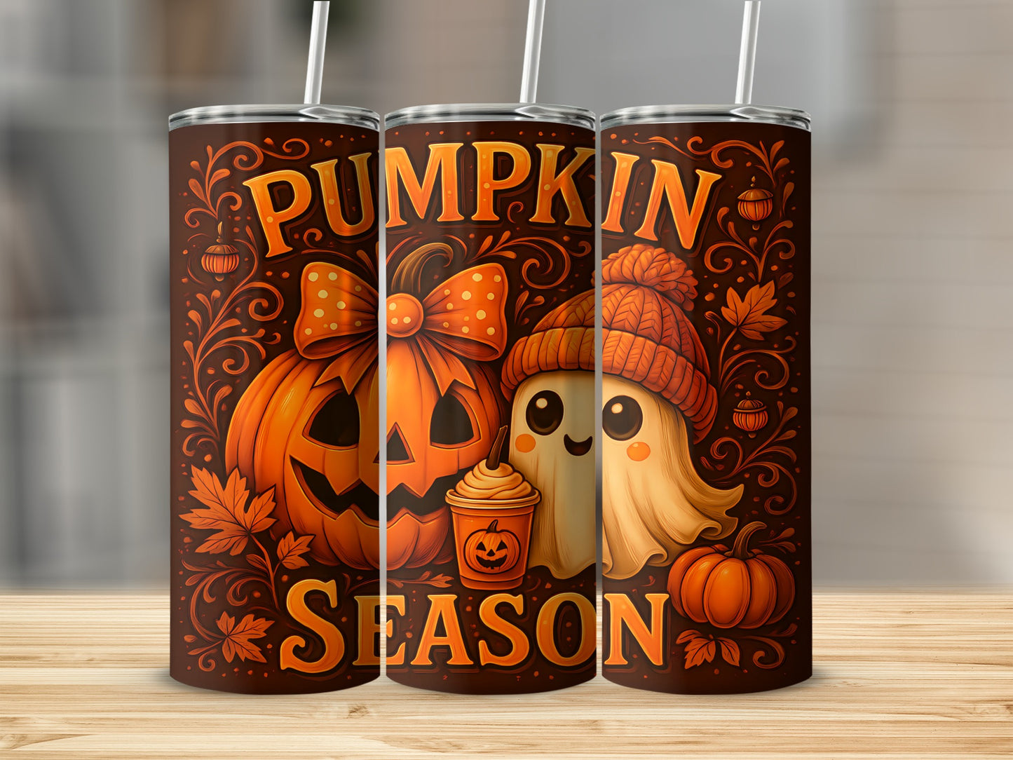 Three tumblers with a "Pumpkin Season" Halloween design featuring a jack-o'-lantern and ghost.