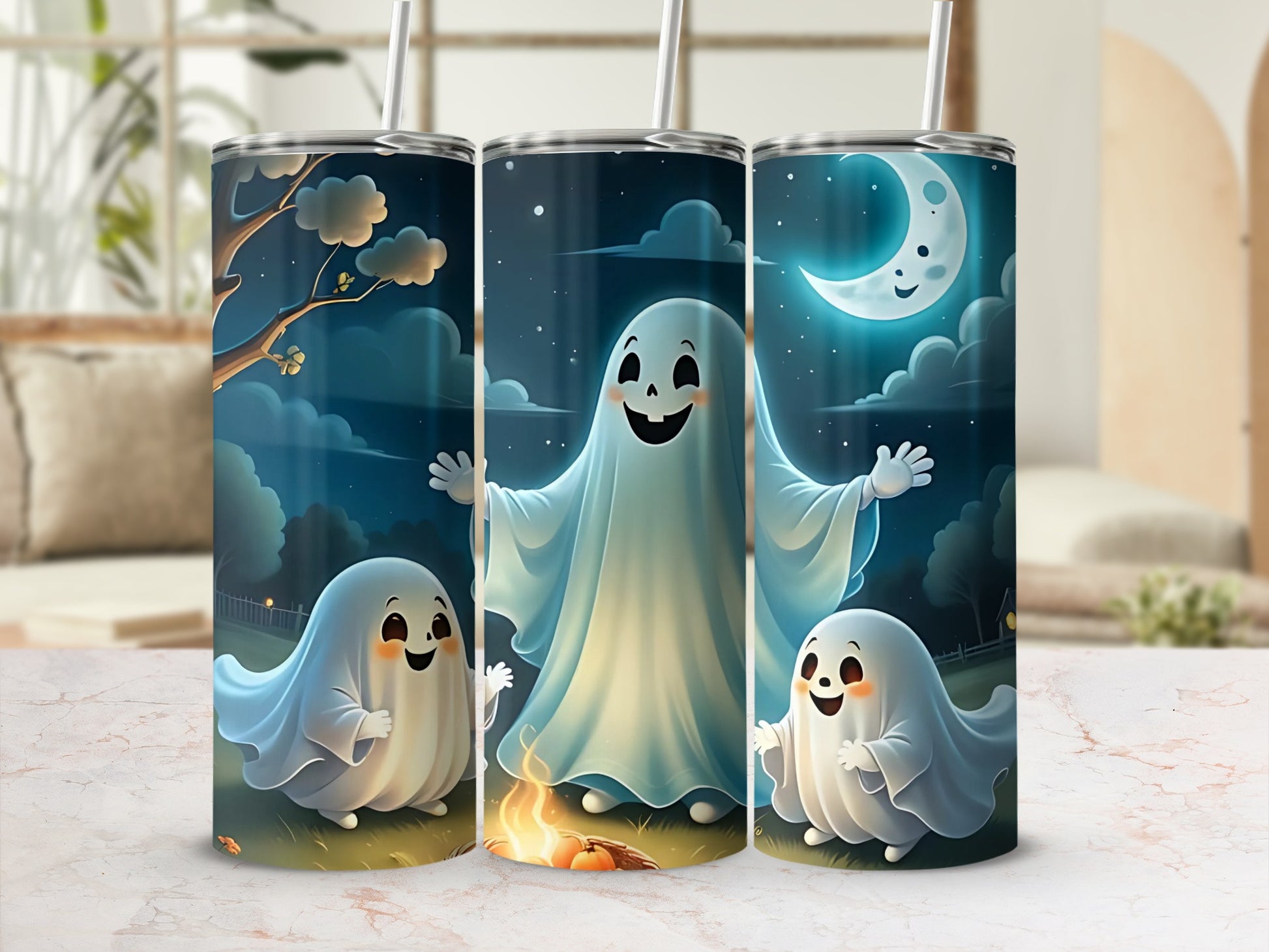 Three tumblers featuring cute ghosts, moon, and campfire on a dark night background.