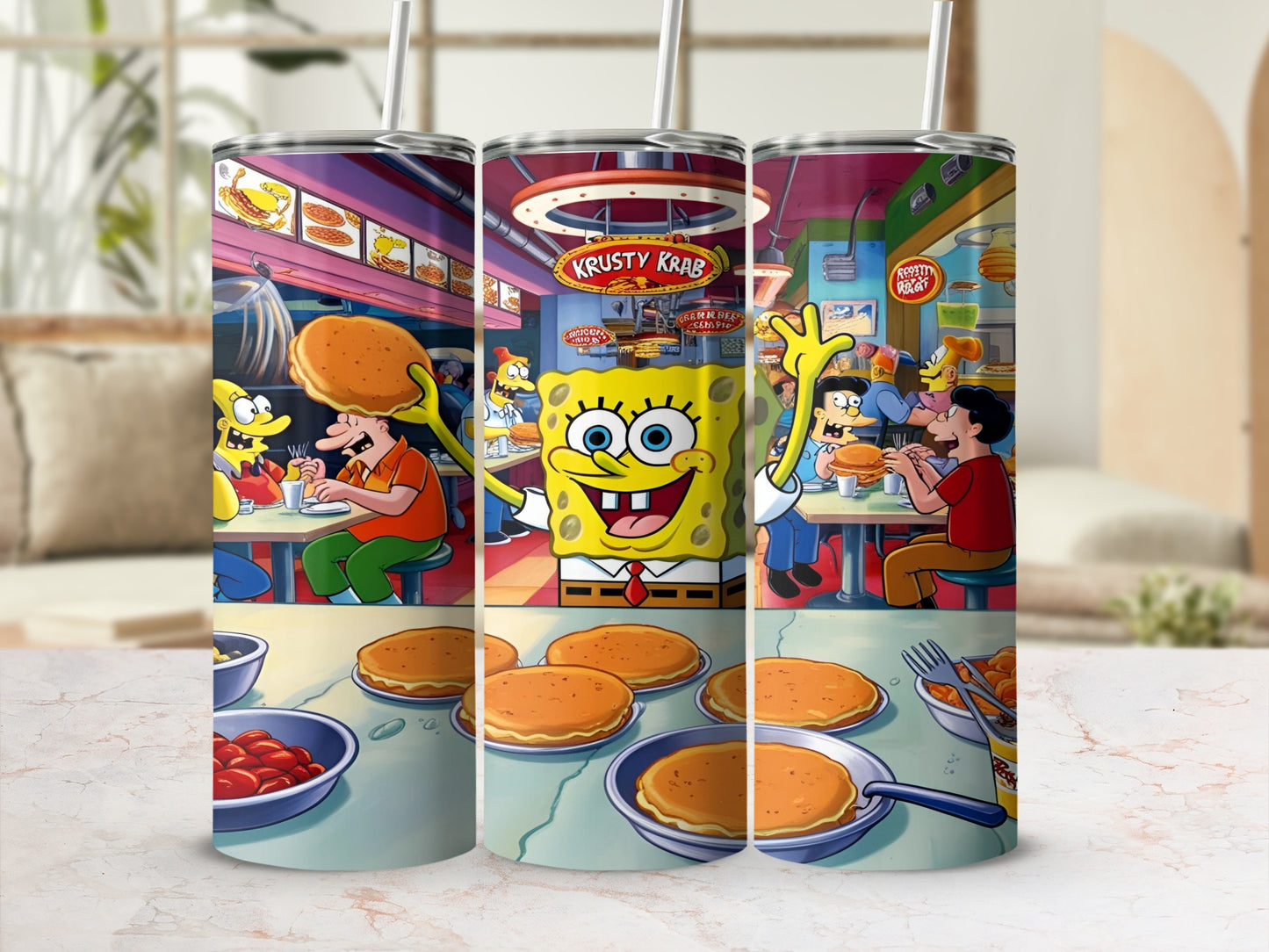 SpongeBob SquarePants characters Krabby Patties at Krusty Krab restaurant.