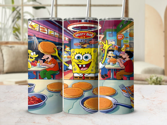 SpongeBob SquarePants characters Krabby Patties at Krusty Krab restaurant.