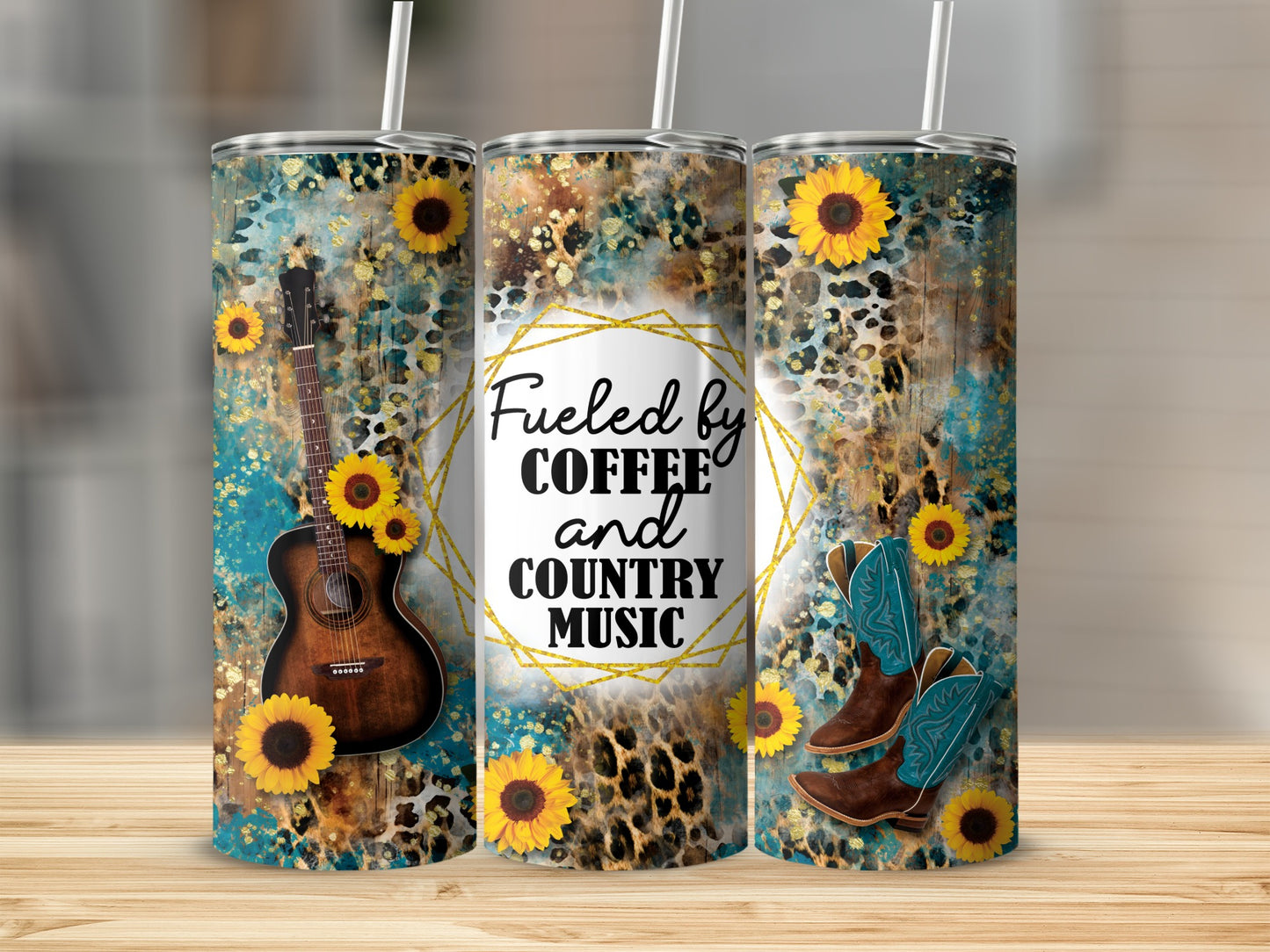 Tumbler with sunflowers, guitar, boots, and "Fueled by coffee and country music" text.