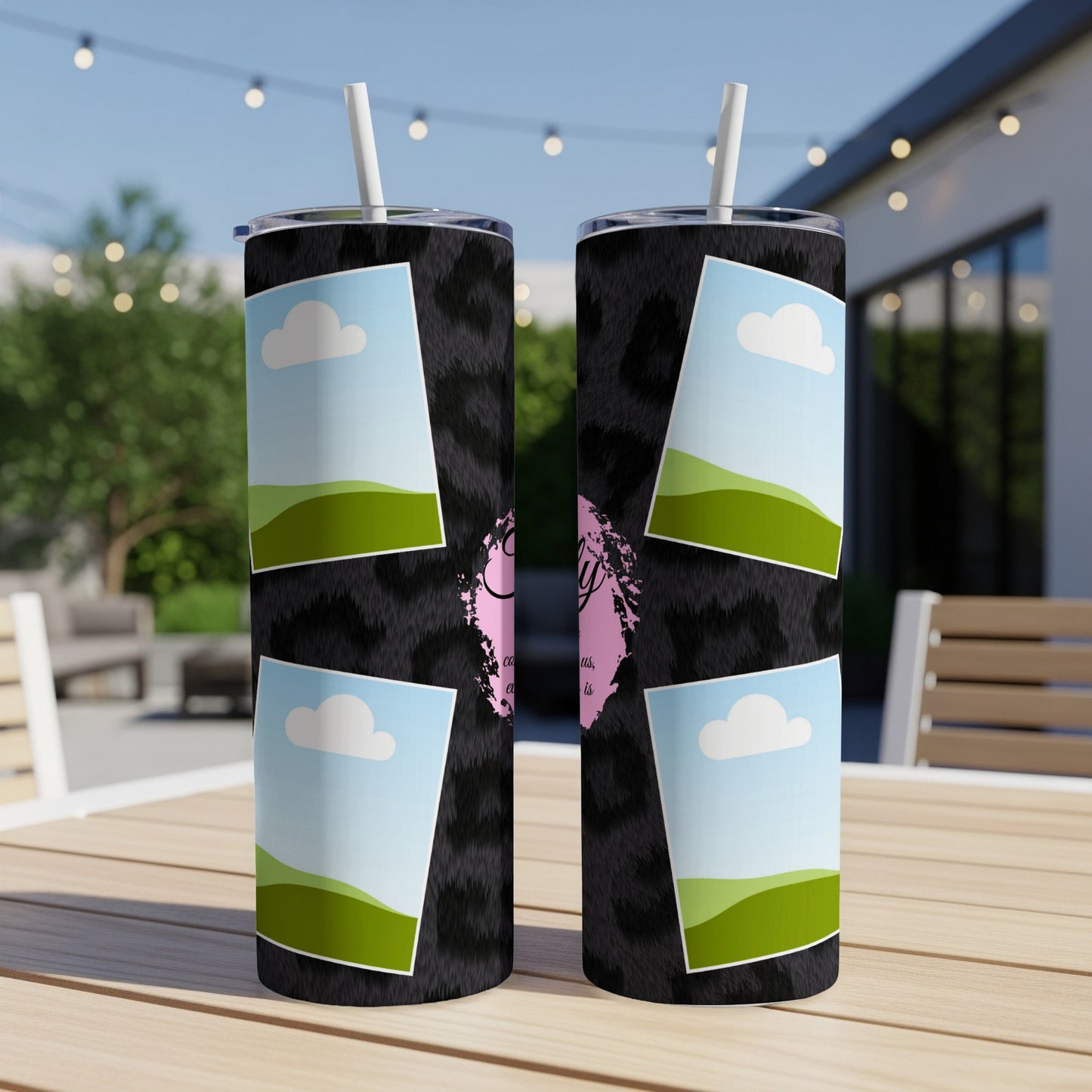 Black fuzzy leopard print tumblers with photo frames and pink text.