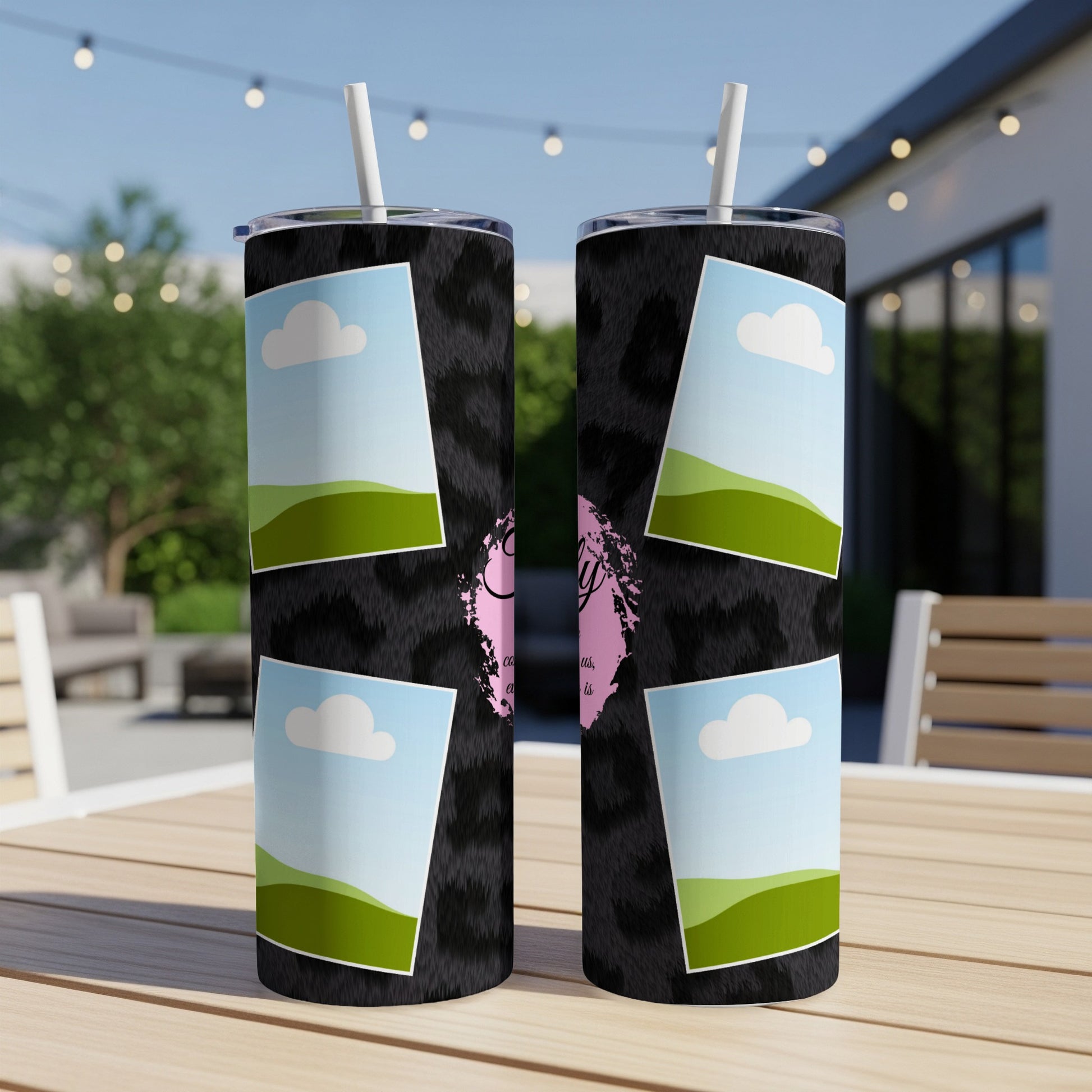 Black fuzzy leopard print tumblers with photo frames and pink text.