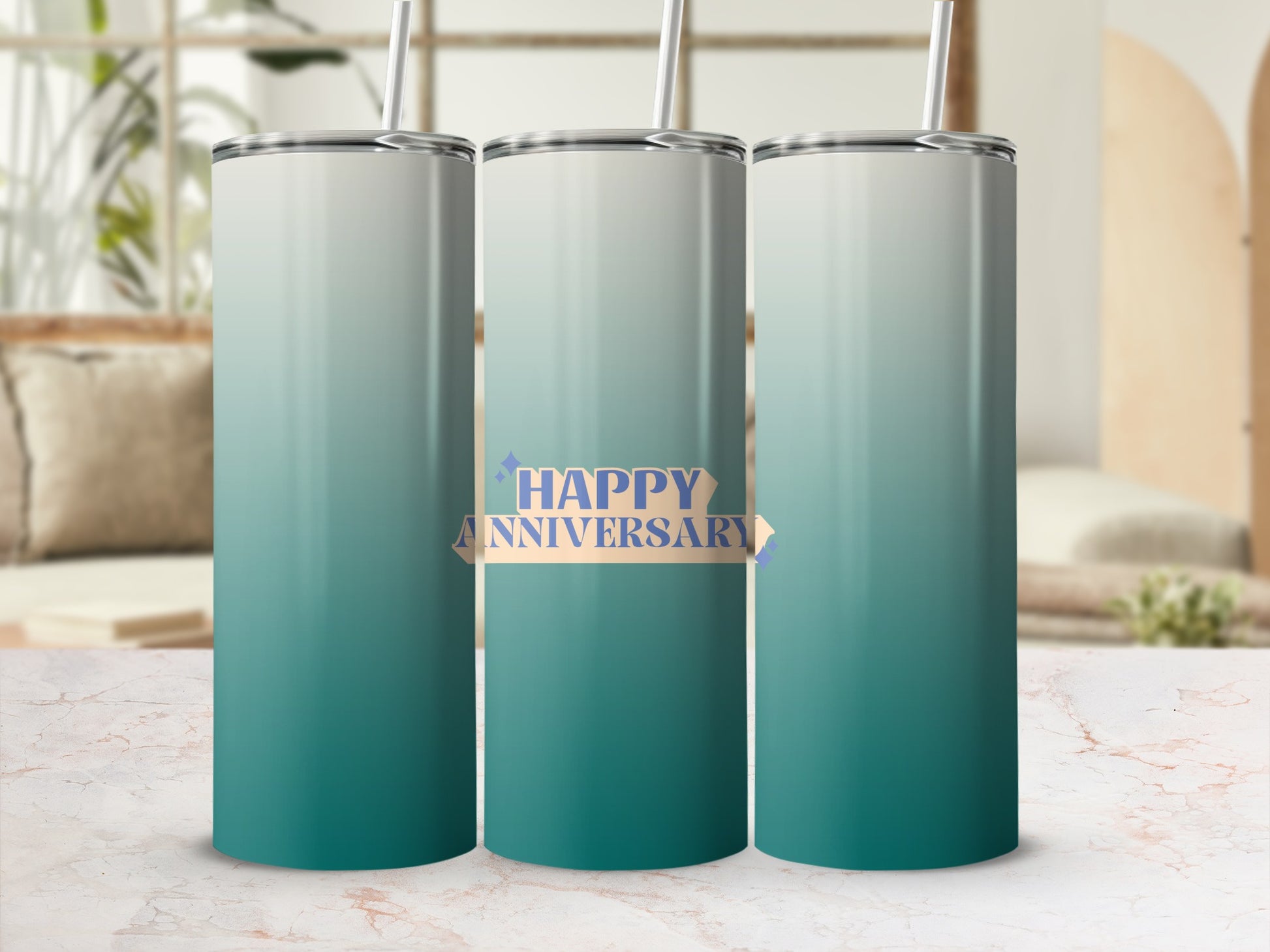 Three tumblers with teal and white gradient, "Happy Anniversary" text.