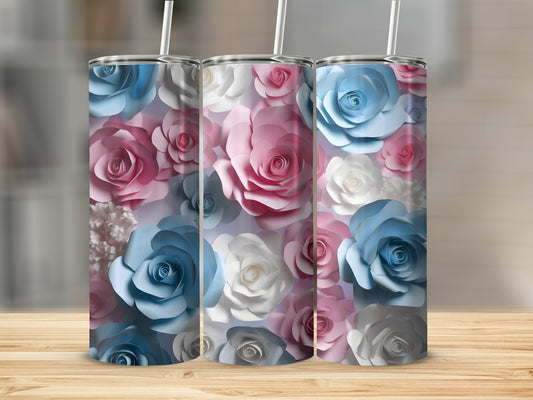 Three tumblers with a floral pattern of pink, blue, and white roses.