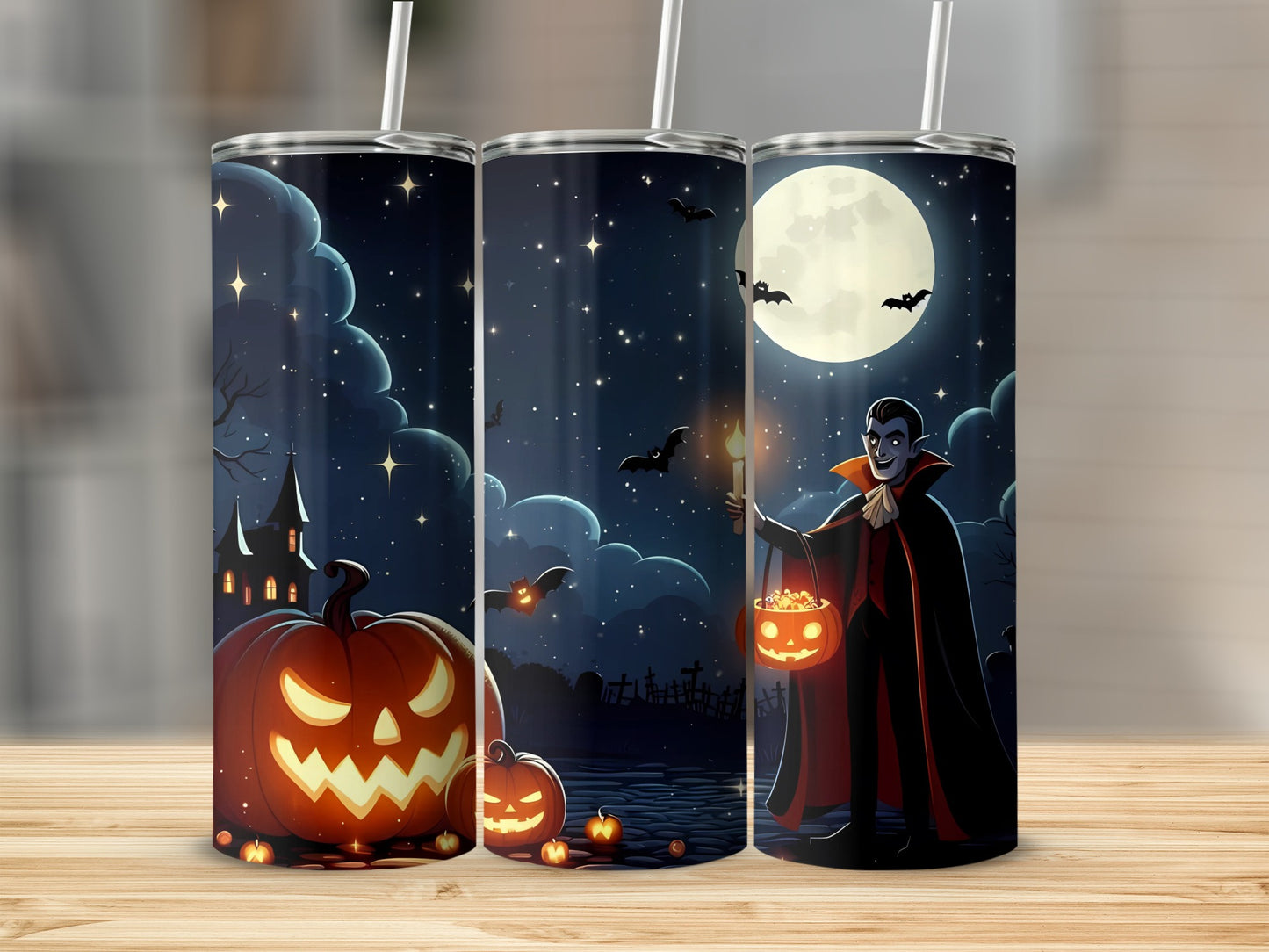 Halloween tumbler with vampire, jack-o'-lanterns, bats, haunted castle, and full moon.