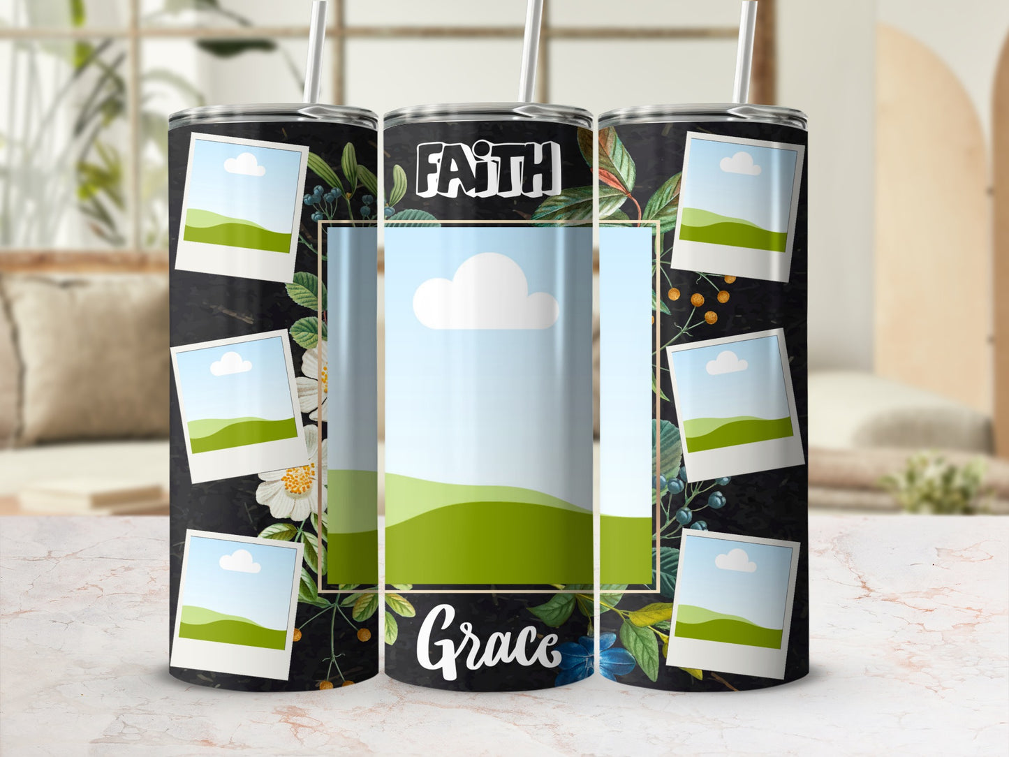 Tumblers with floral pattern, "FAITH" and "Grace" text, and photo frames.