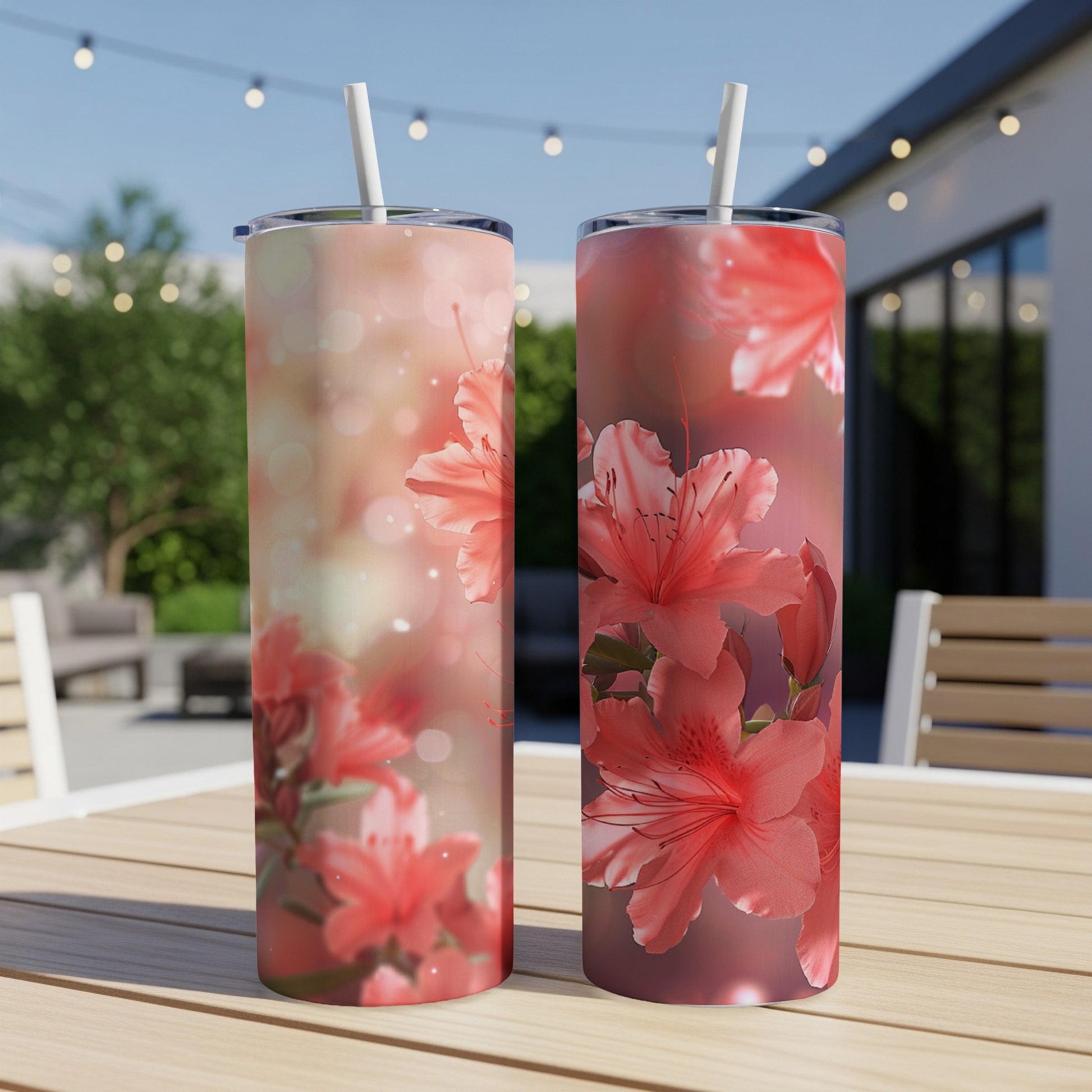 Two tumblers with coral pink floral patterns, resting on a table outdoors.
