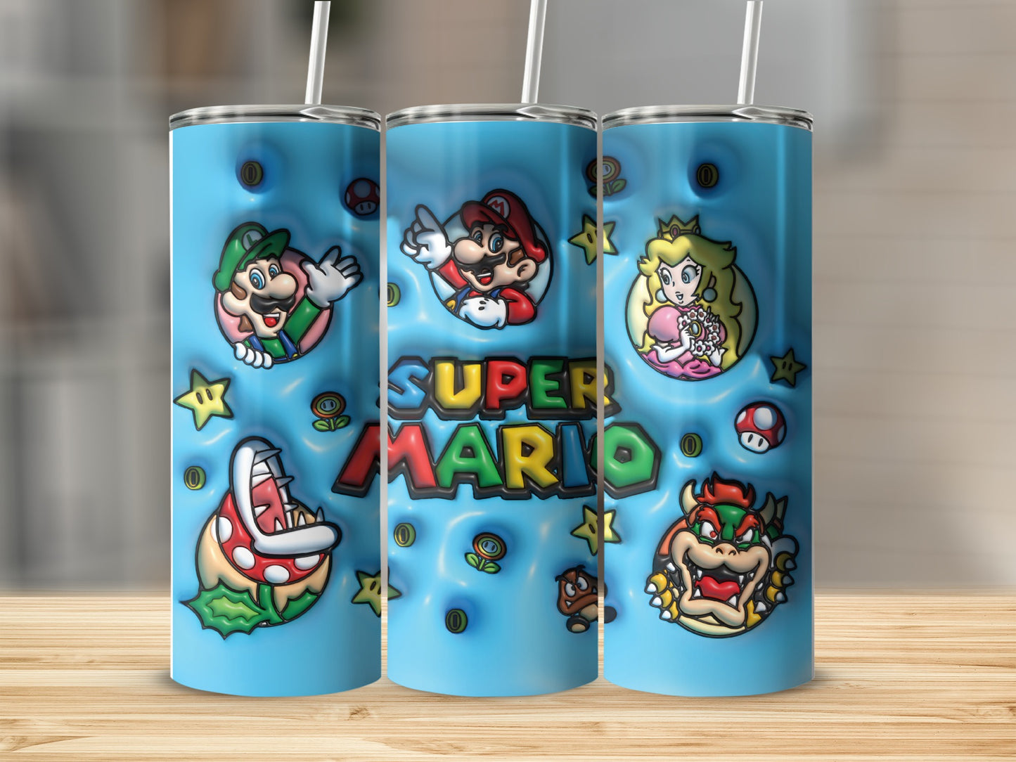 Super Mario Blue Tumbler Featuring Characters Design