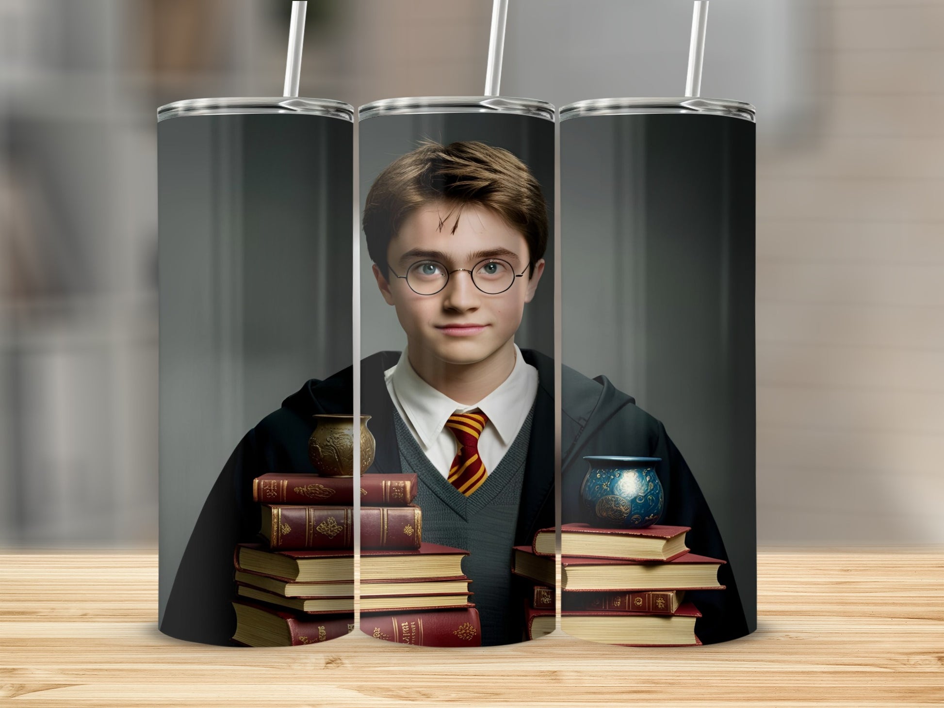 Harry Potter with stack of books and potion bottle.