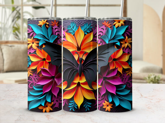 Three tumblers with a dark butterfly and vibrant floral pattern.