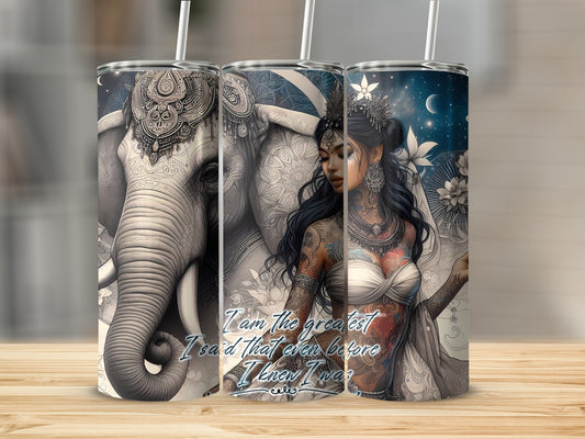 Elephant and tattooed woman with floral motifs and text.