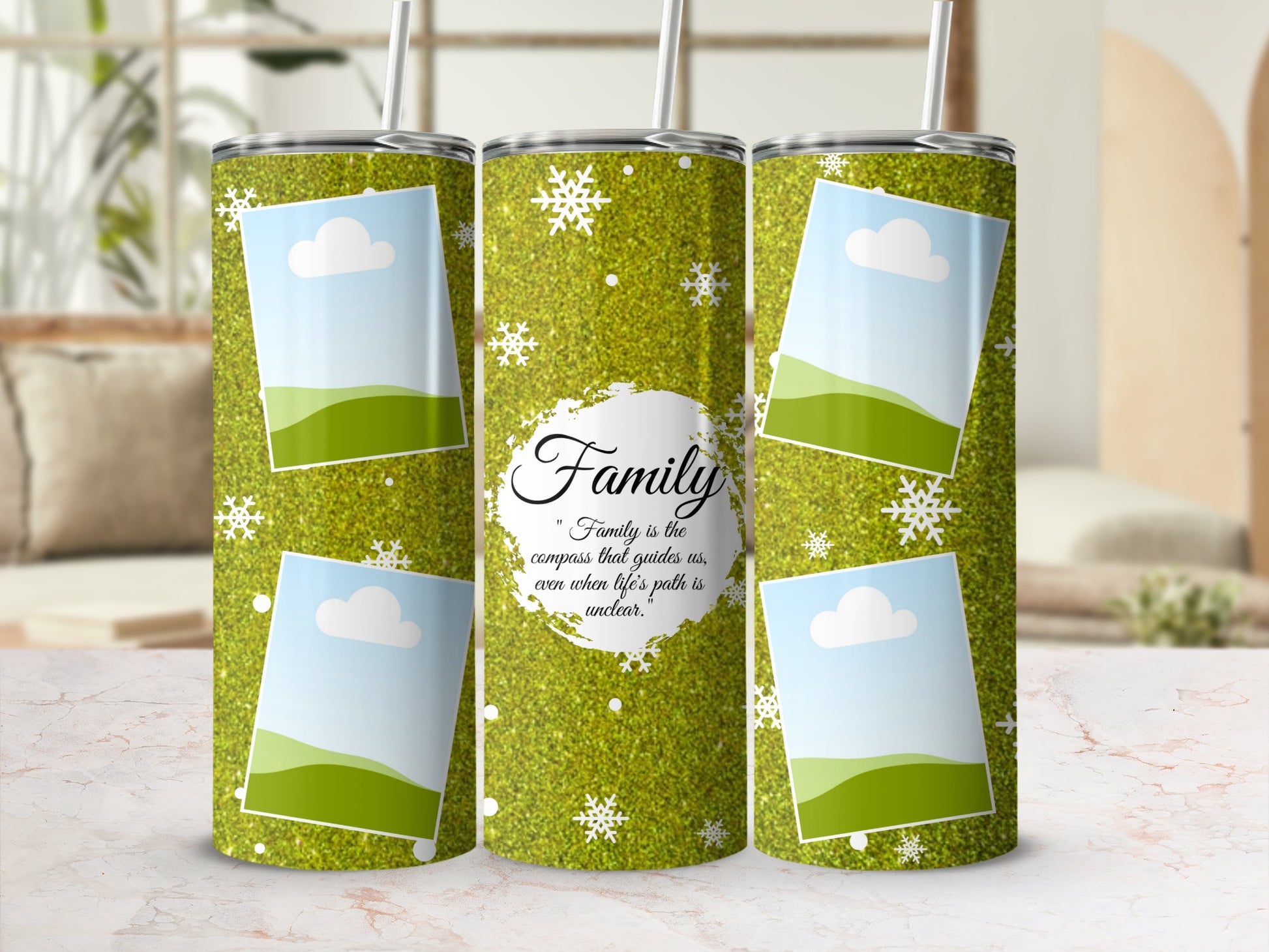 Three tumblers with green glitter, snowflakes, and photo frames with landscape placeholders.