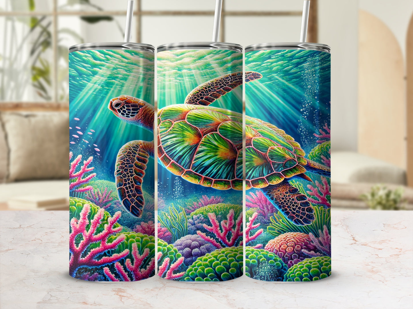 Colorful Sea Turtle and Coral Design Tumbler