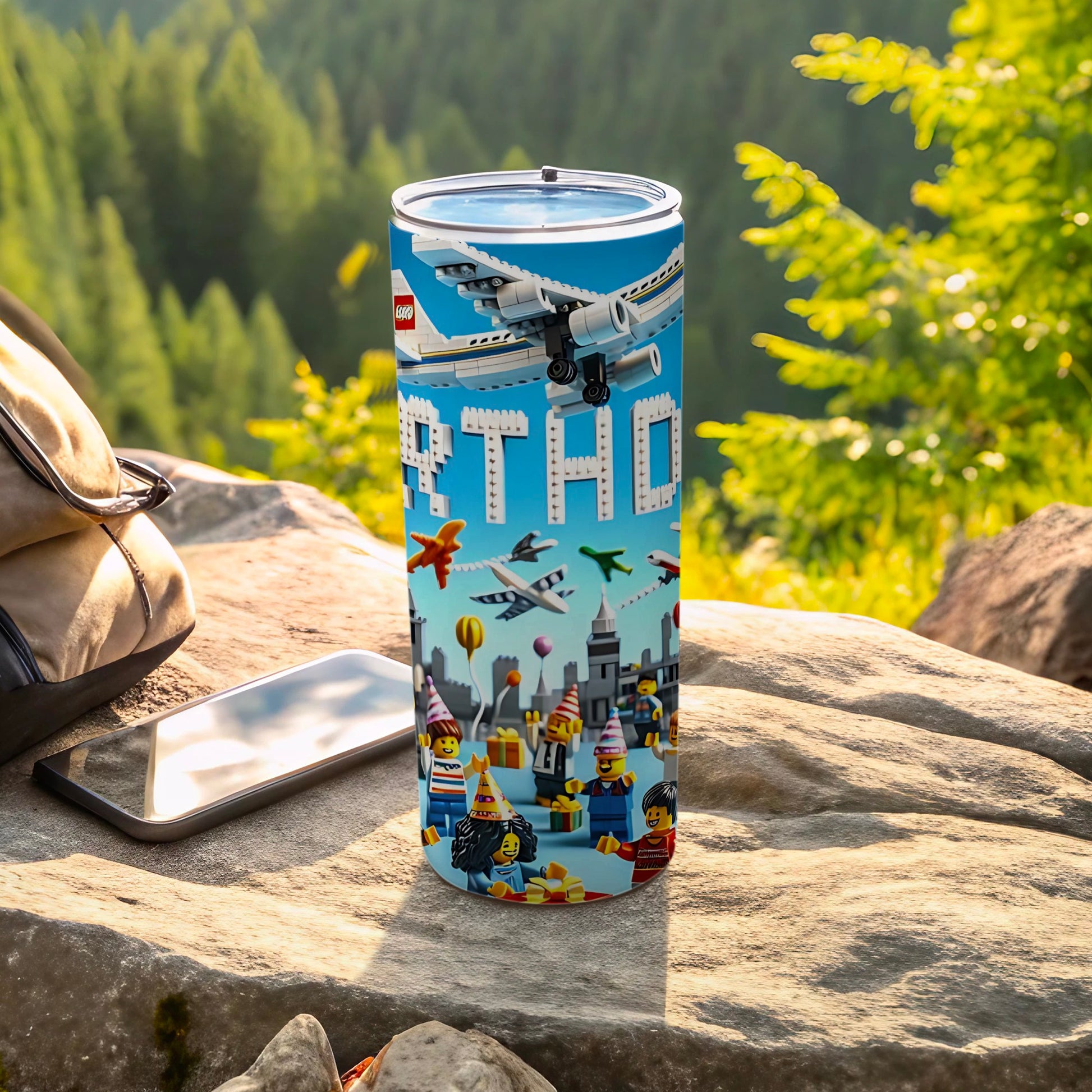 LEGO Themed Plane and Cityscape Travel Tumbler