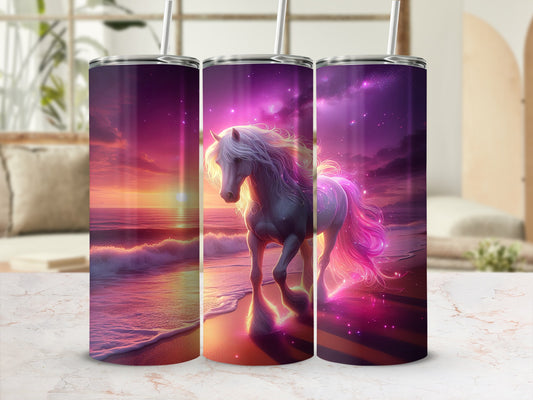 Three tumblers featuring a white horse against a starry purple sunset beach scene.