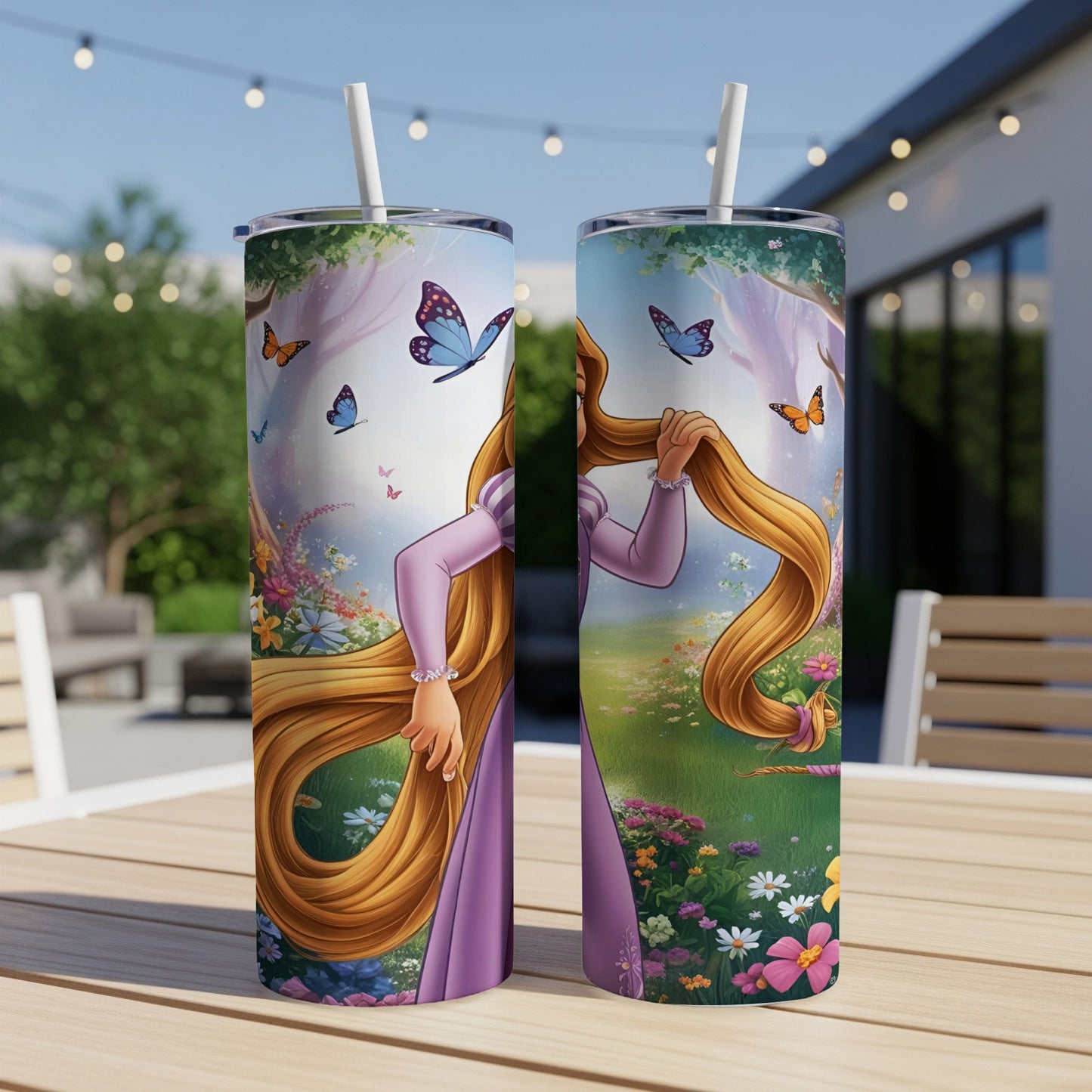 Two Rapunzel tumblers with floral and butterfly designs.
