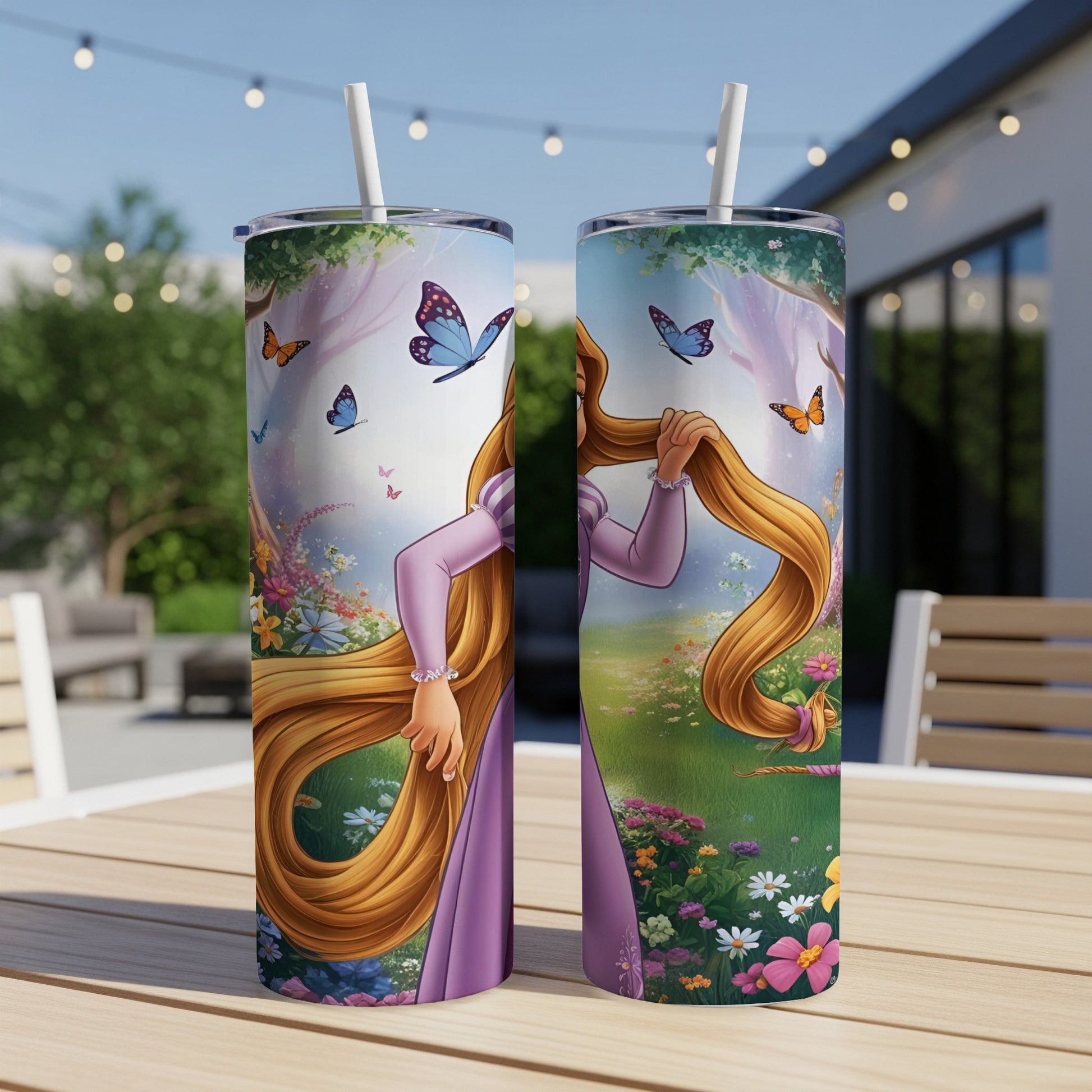 Two Rapunzel tumblers with floral and butterfly designs.