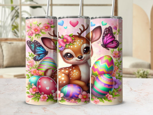 Cute cartoon deer with Easter eggs and butterflies.