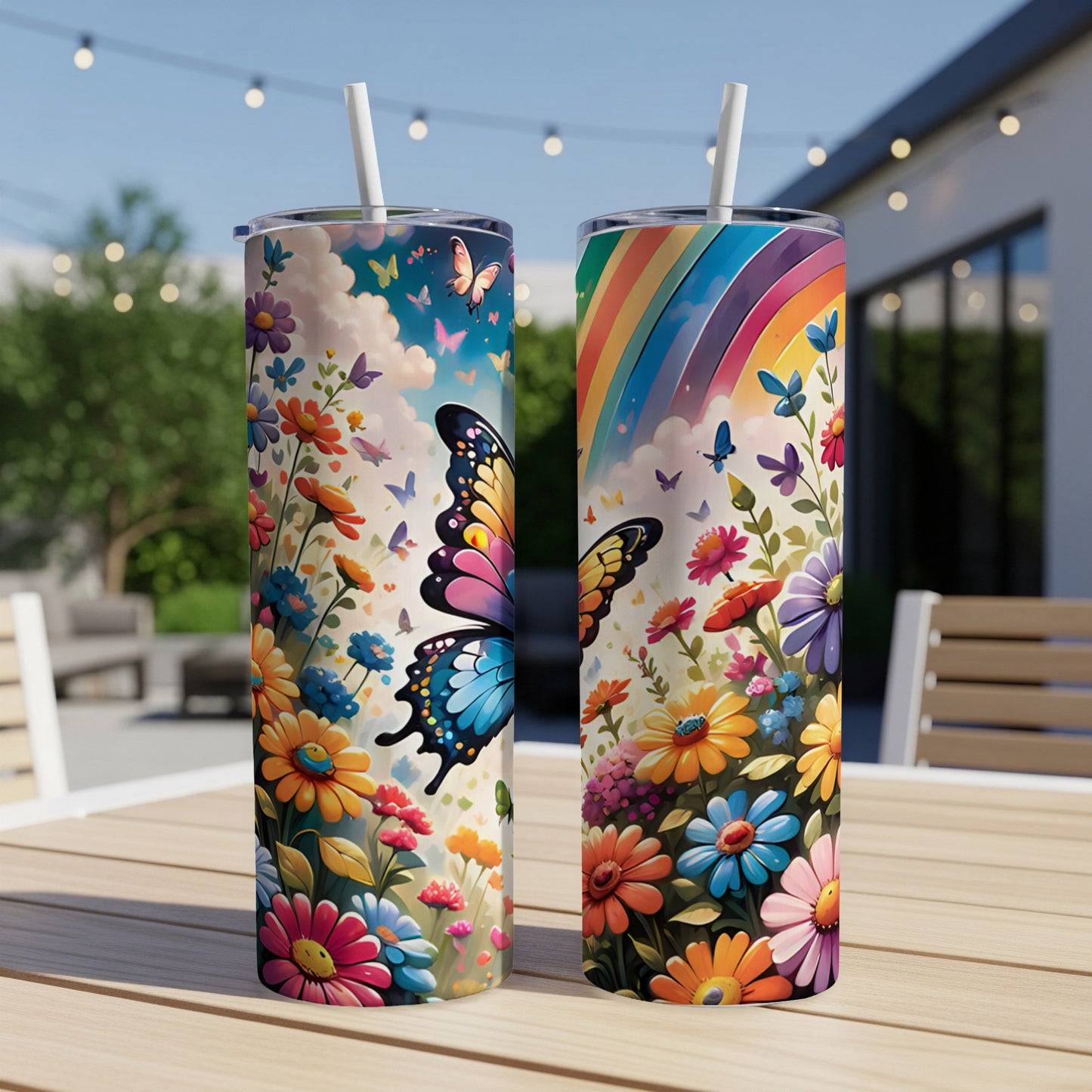 Two tumblers with colorful floral and butterfly designs on a table.