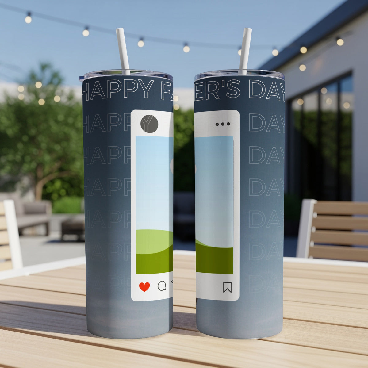 Two tumblers with "Happy Father's Day" text and social media post graphics.