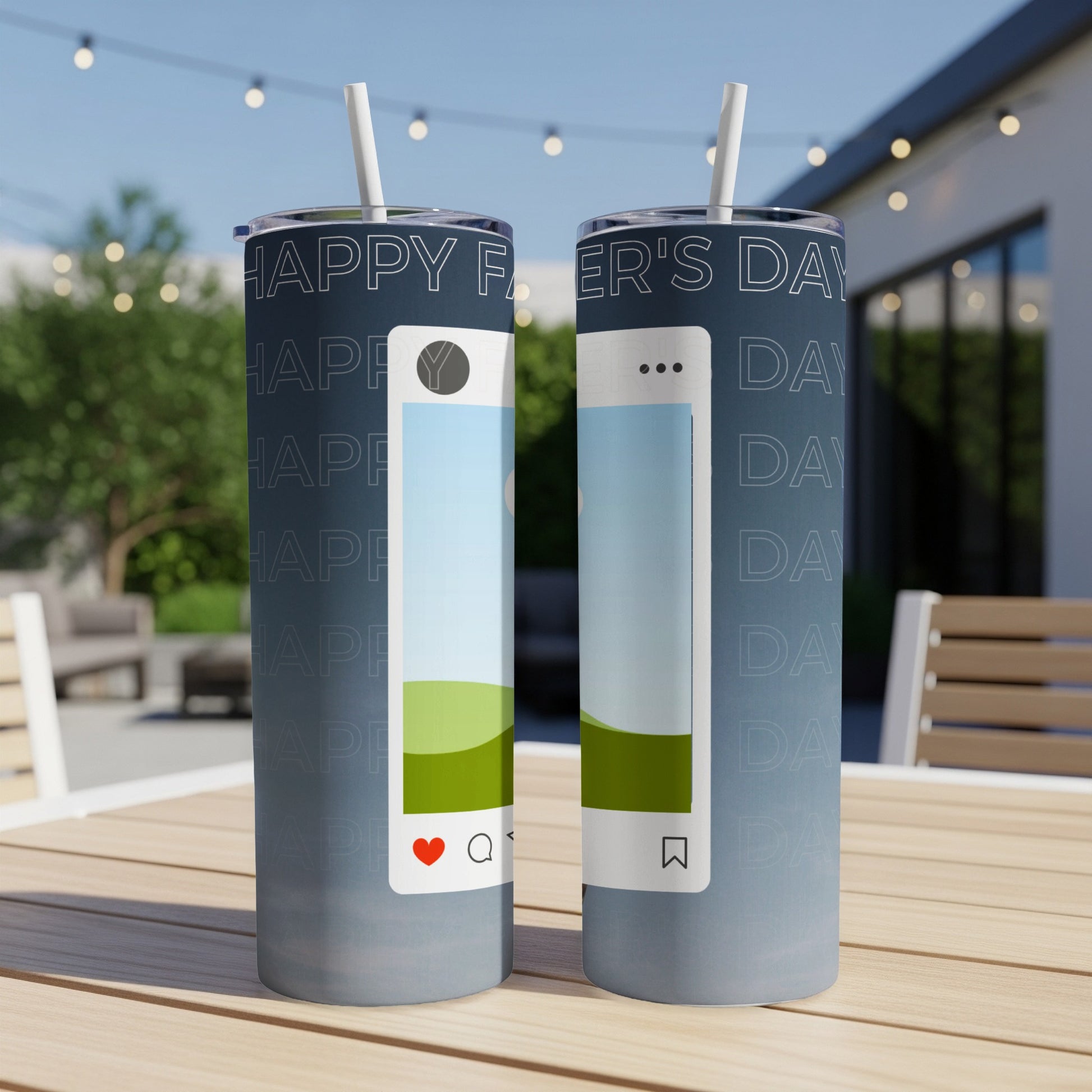Two tumblers with "Happy Father's Day" text and social media post graphics.