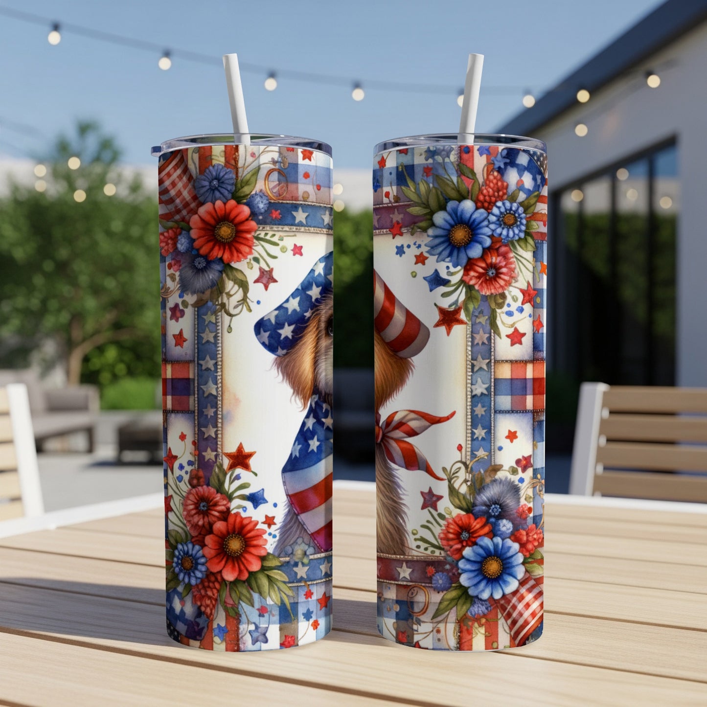 Two patriotic tumblers with a dog wearing a bandana and festive floral accents.