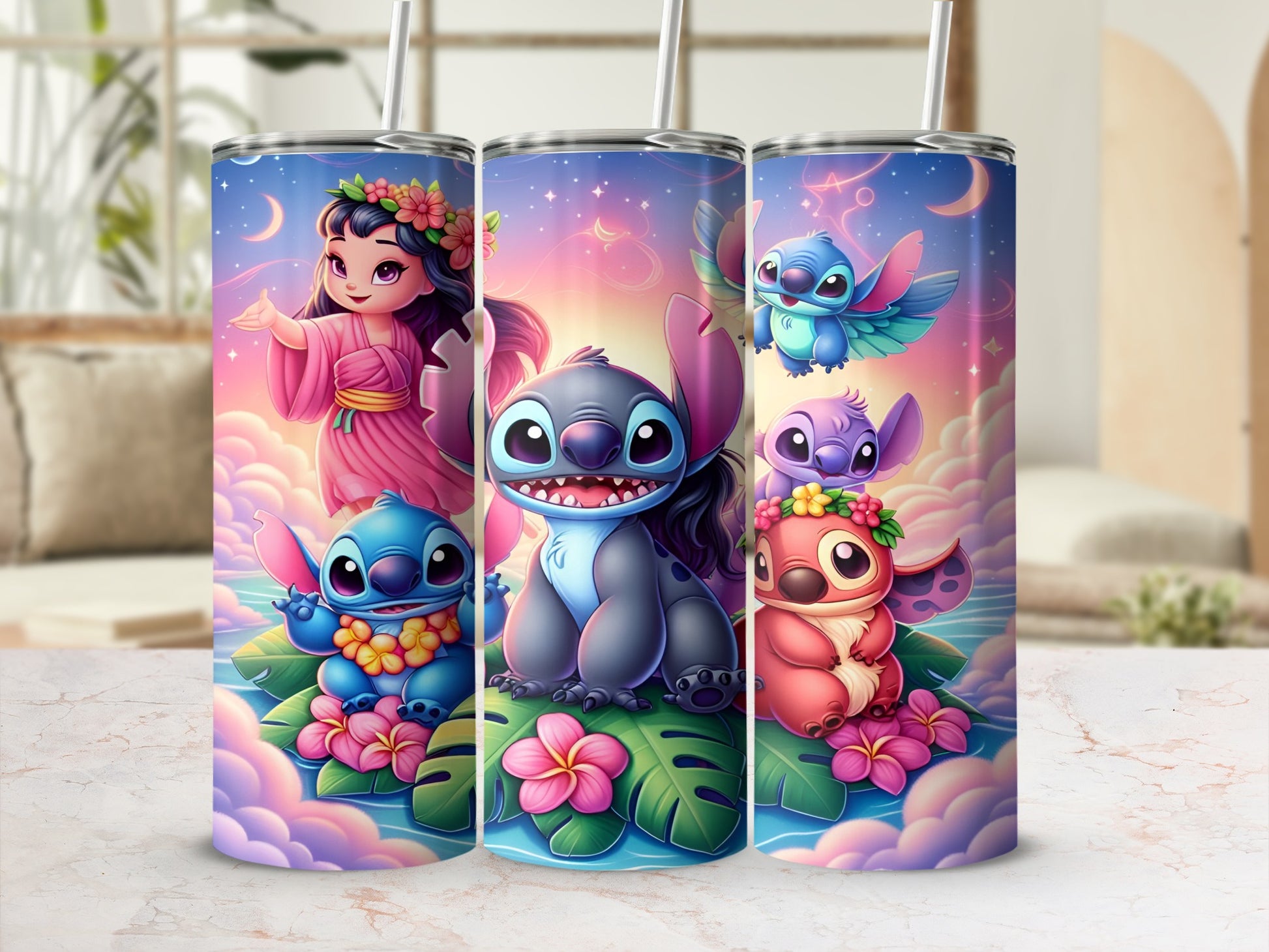 Stitch, Angel, and Lilo characters with floral accents on a tumbler.