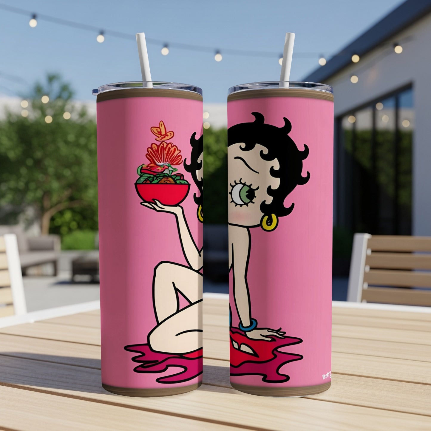 Betty Boop cartoon character holding a bowl of food on a pink background.