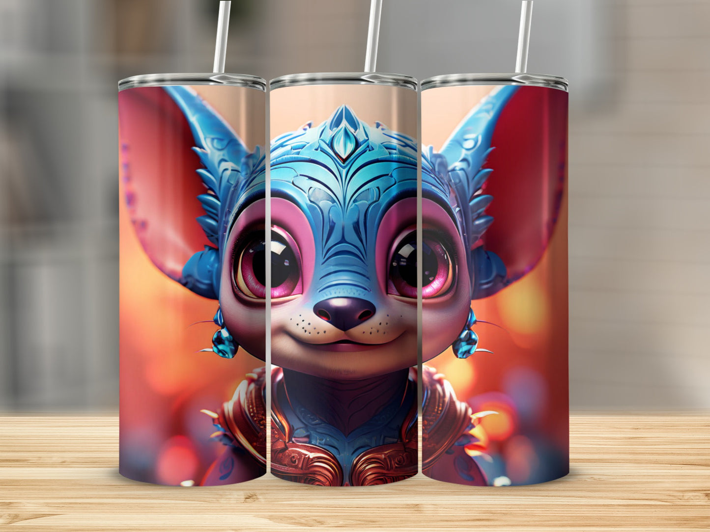 Cartoon fox character with large ears and blue eyes on a tumbler.