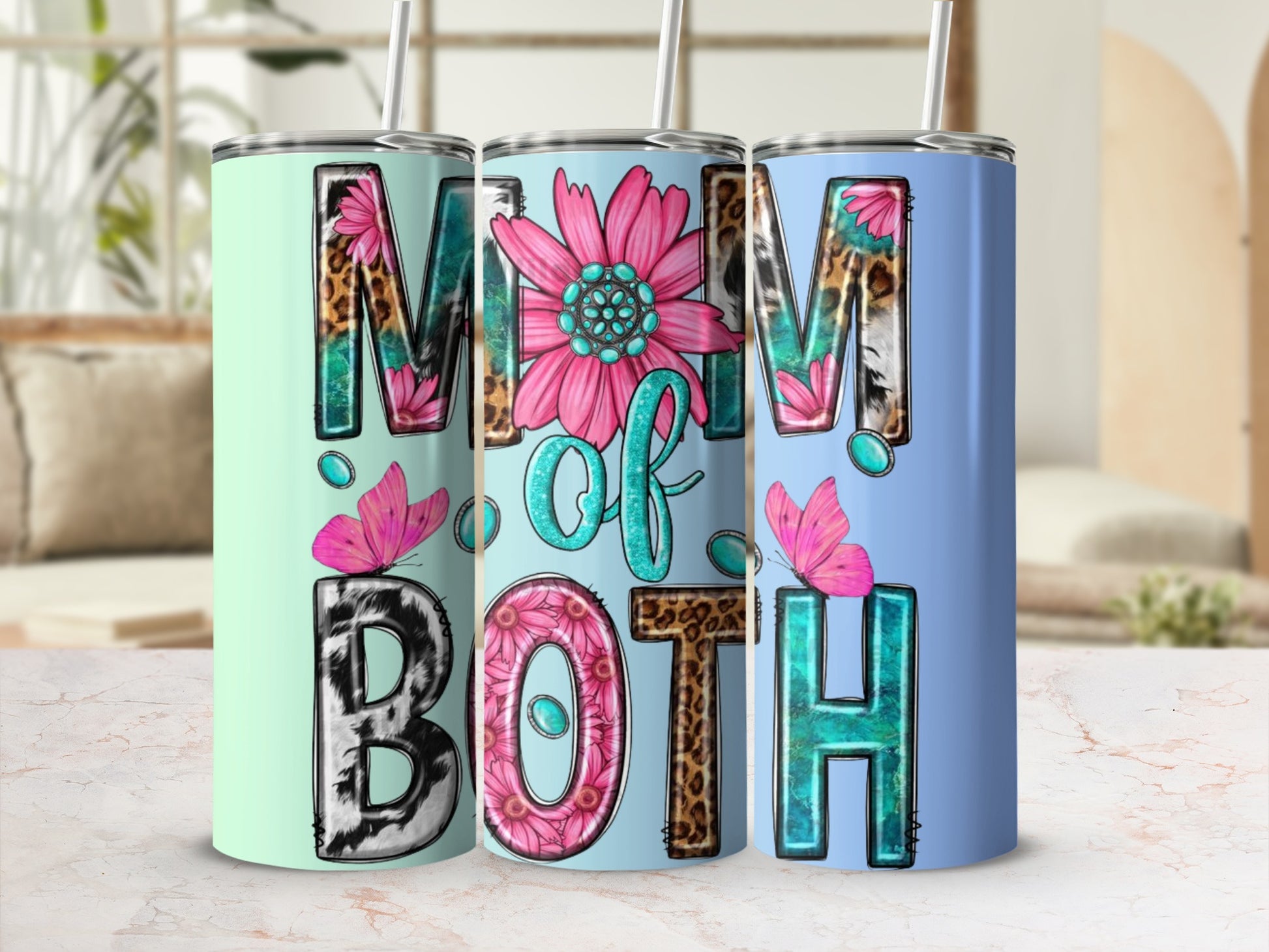 Mom of Both Leopard Print Tumbler with Pink Flowers