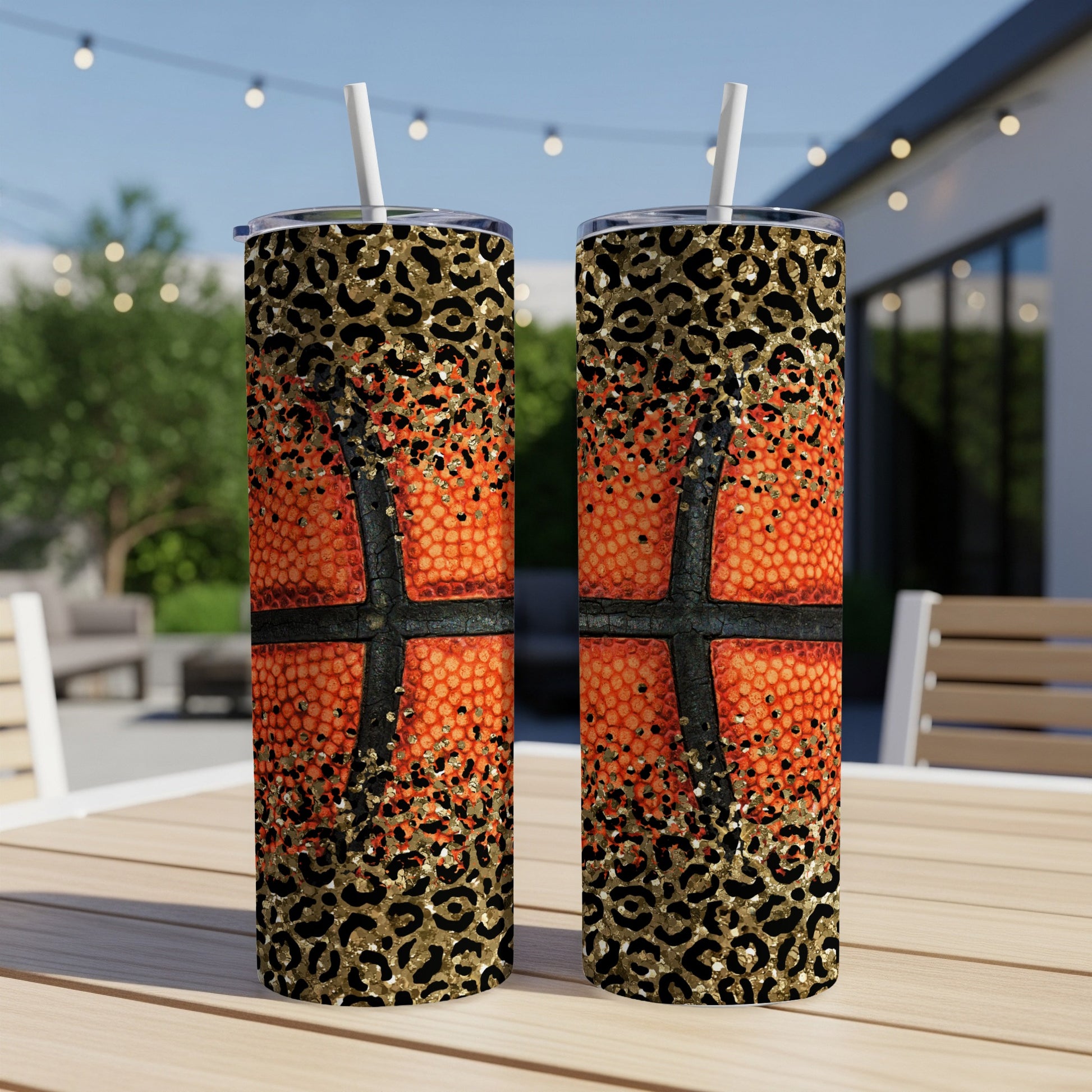 Two basketball-themed tumblers with leopard print and orange sparkle designs.