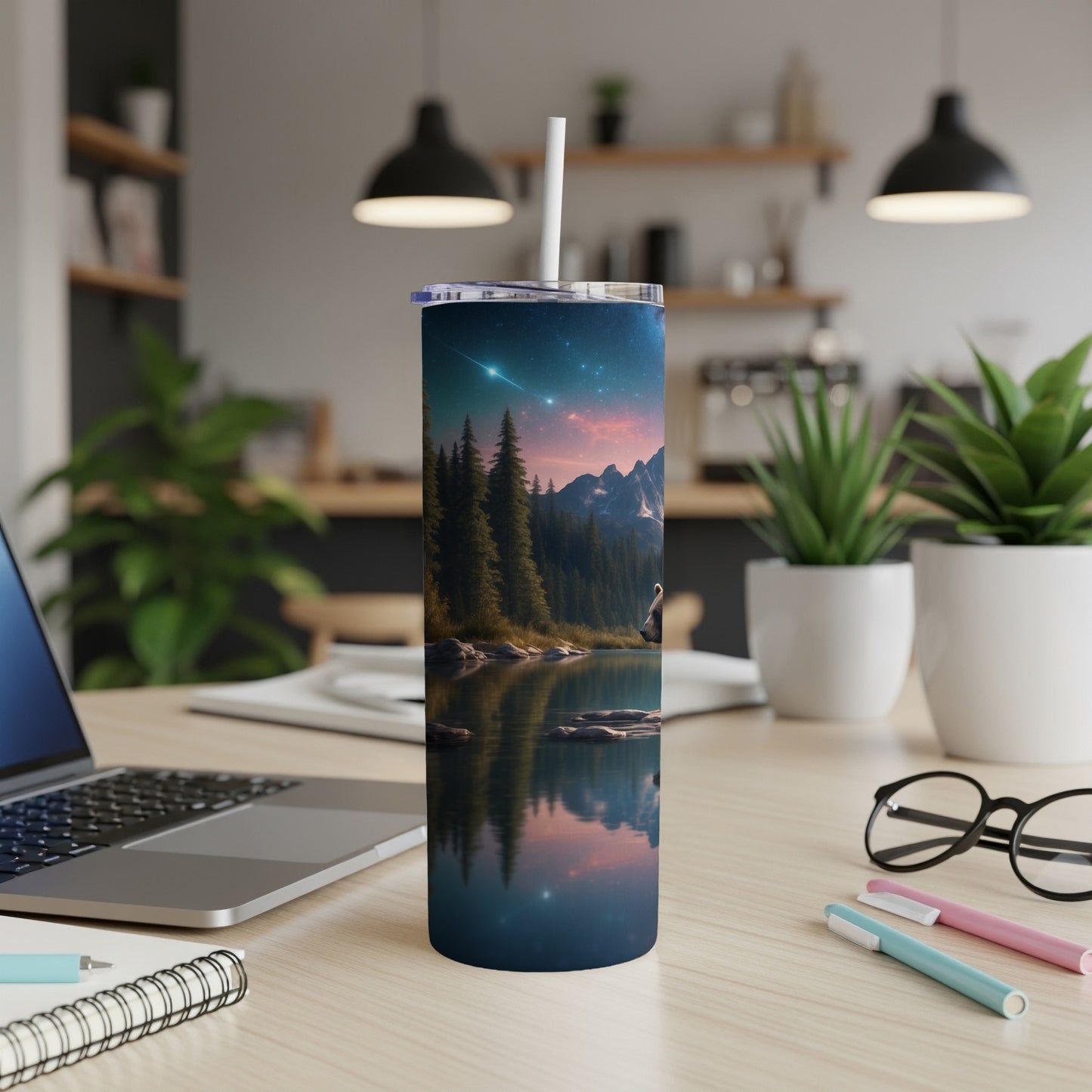 Tall tumbler with starry night sky, lake, and mountains.