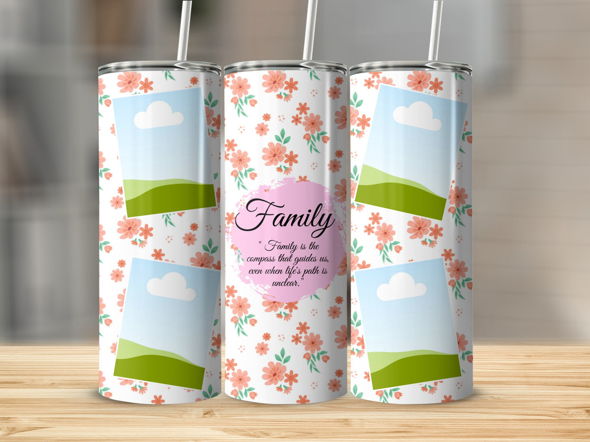 Floral tumbler with three placeholder photo frames and "Family" quote.
